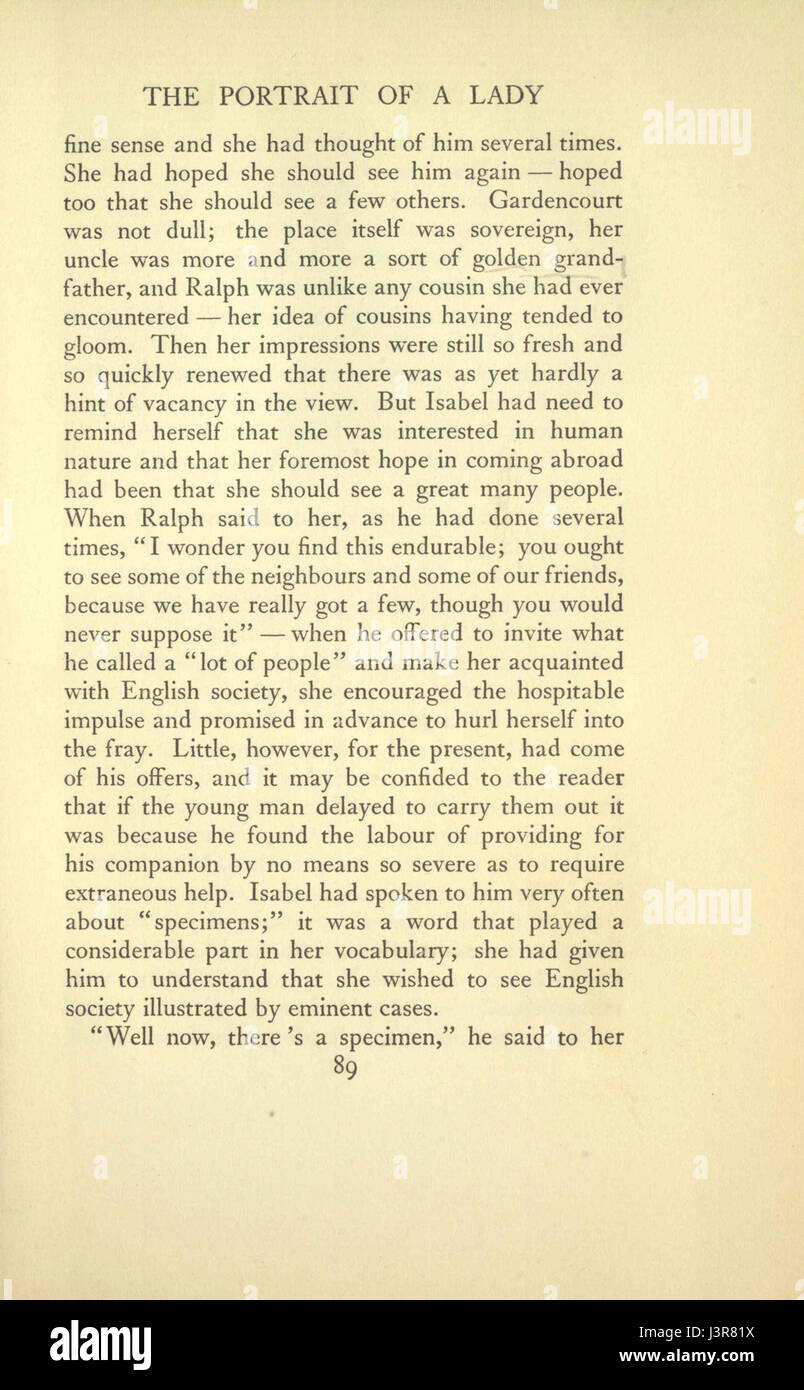 Dieser Verweis bezieht sich auf eine Seite aus dem Portrait einer Dame von Henry James, insbesondere Band I, Seite 89. Es ist Teil eines bemerkenswerten literarischen Werks, das Themen der Identität und der gesellschaftlichen Normen erforscht. Stockfoto
