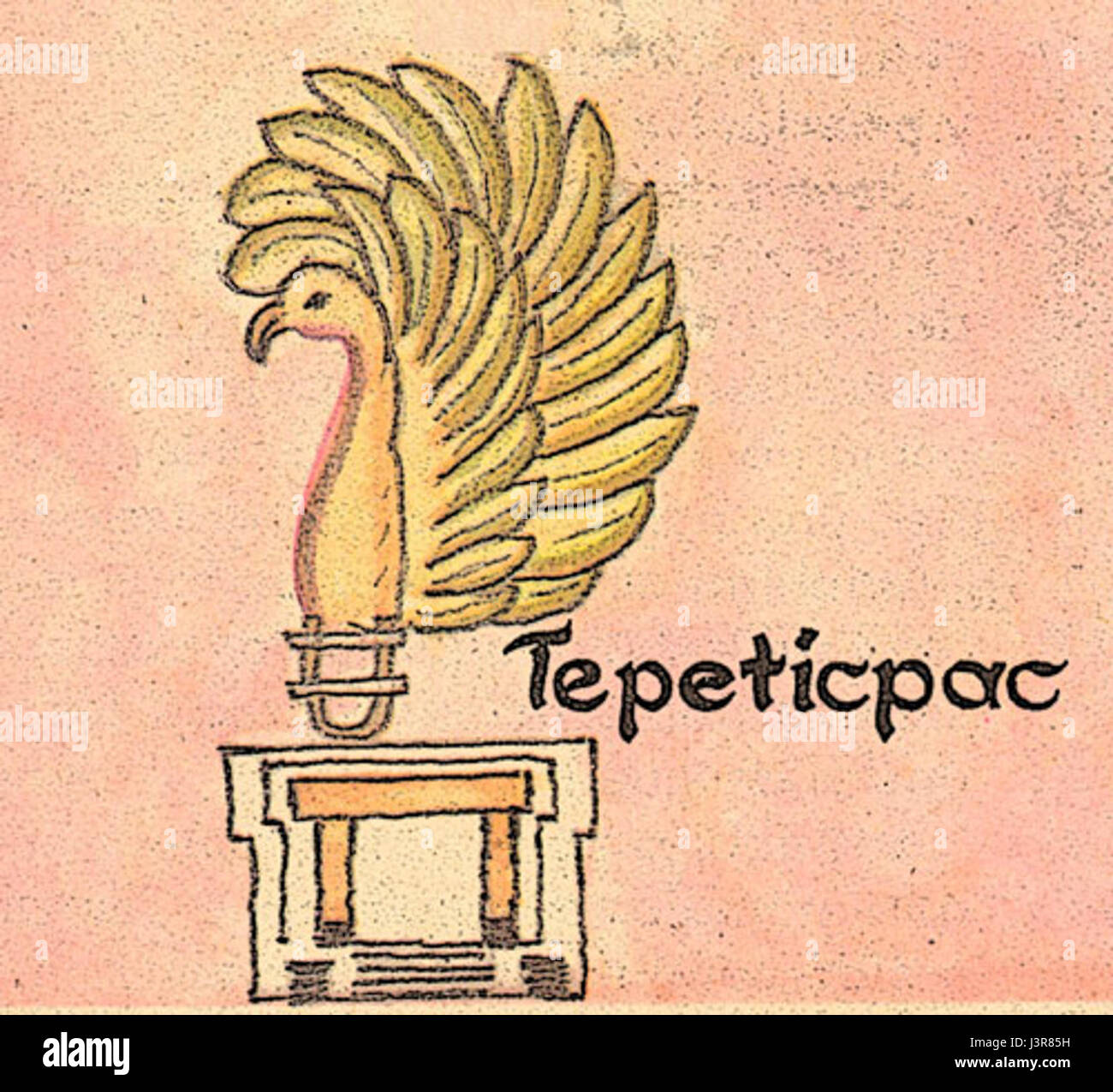 Der Begriff *JeroglificodeTepeticpac* bezieht sich wahrscheinlich auf eine Art antike mesoamerikanische Schrift. Dies könnte mit den Nahuatl- oder aztekischen Glyphen zusammenhängen, die oft verwendet werden, um Ideen, Konzepte und Klänge darzustellen. Stockfoto