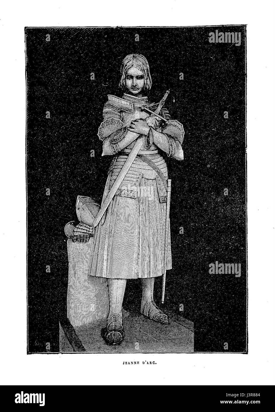 Jeanne d’Arc, bekannt als Jeanne d’Arc, war eine französische Militärheldin während des Hundertjährigen Krieges. Ihre Führungsrolle im Kampf und ihr späteres Martyrium machen sie zu einer der bedeutendsten Persönlichkeiten der Geschichte. Stockfoto