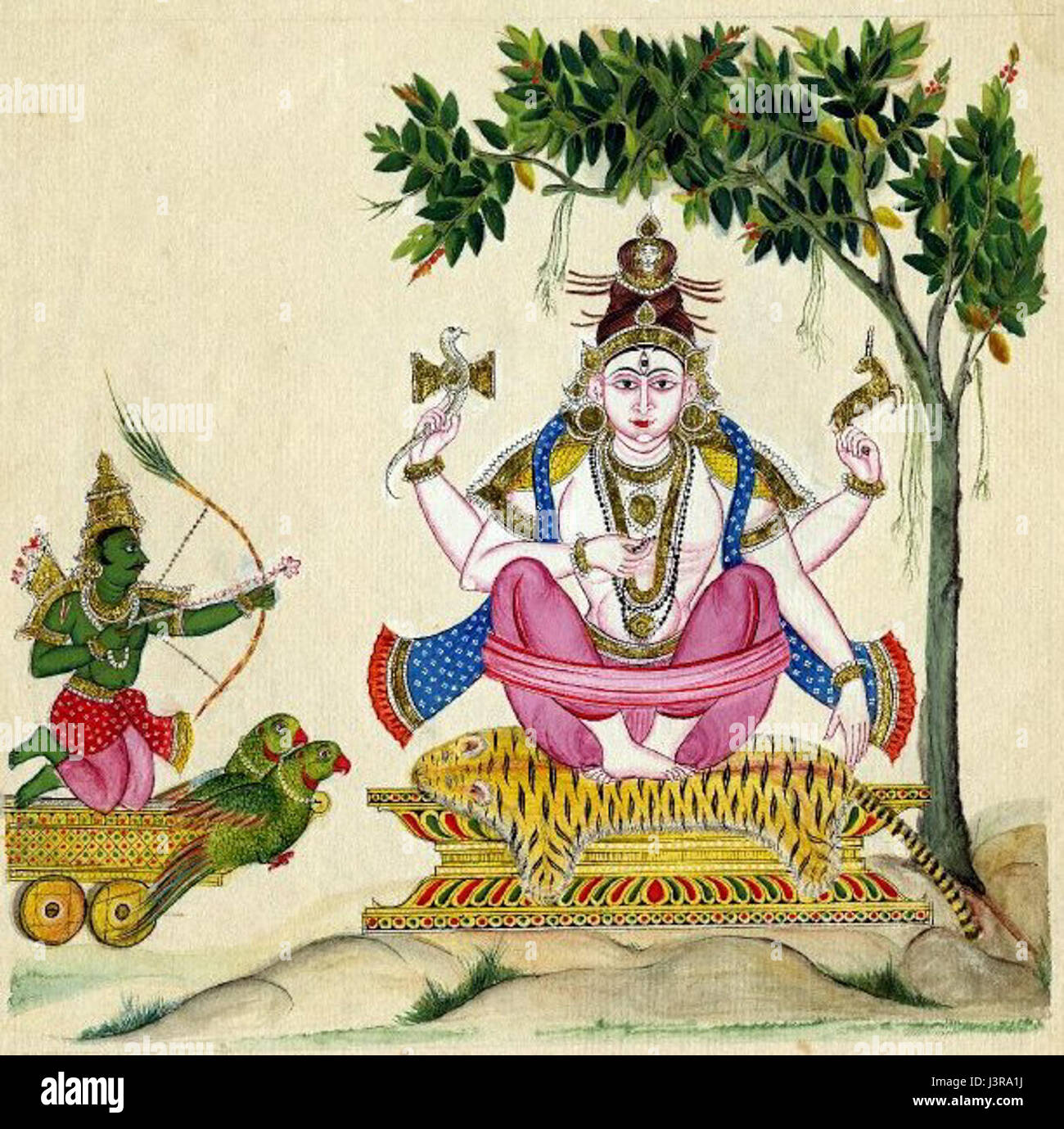 Kama Shiva bezieht sich auf die Verschmelzung der hinduistischen Gottheiten Kama, dem Gott der Liebe, und Shiva, dem Gott der Zerstörung. Dieses Konzept wird in verschiedenen hinduistischen mythologischen Texten und Lehren erforscht. Stockfoto