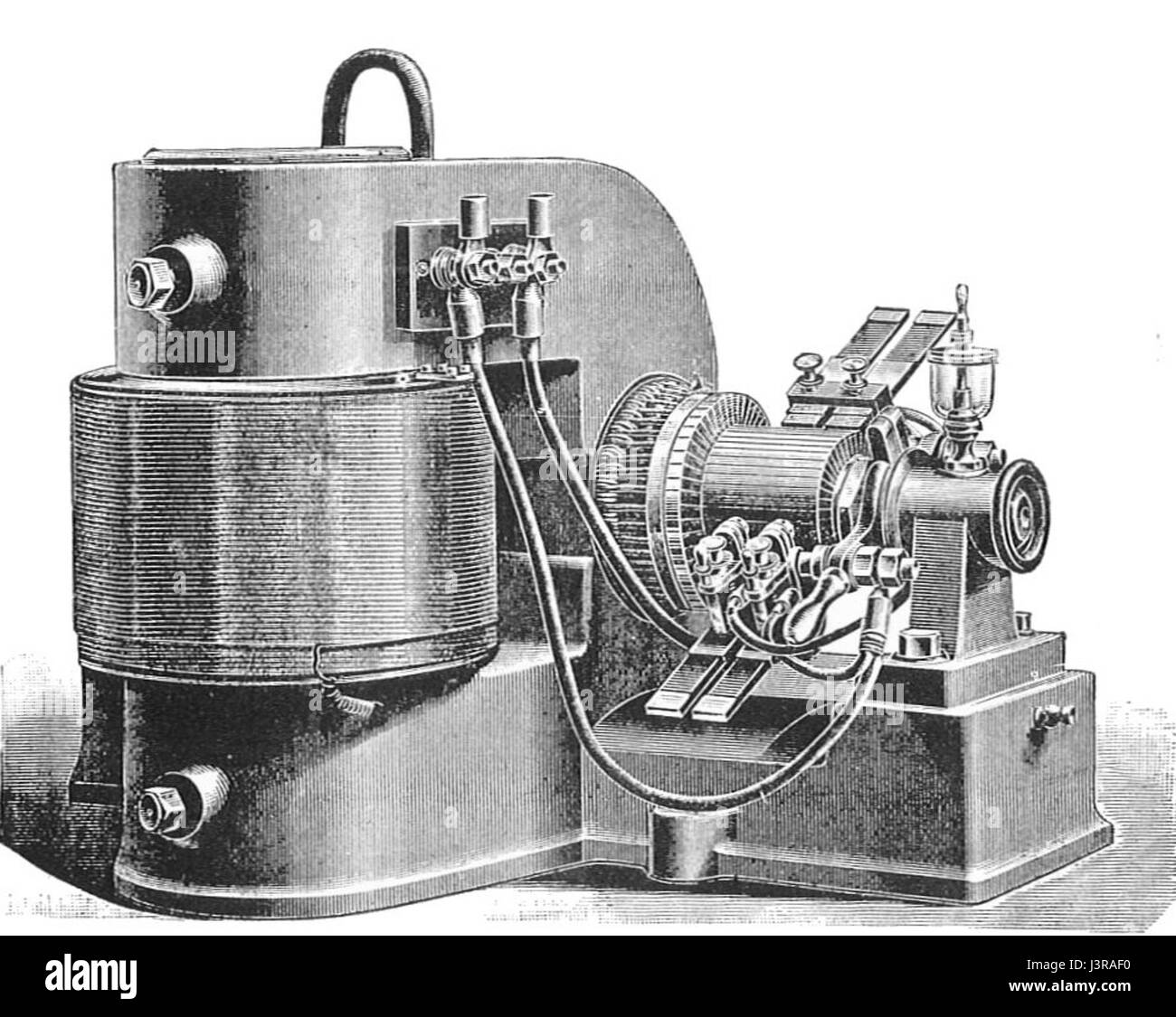 Kennedys Single-Spulen-Gleichstromgenerator, beschrieben in Rankin Kennedys „Electrical Installations, Vol III“, ist ein Gerät zur Erzeugung von Gleichstrom. Diese Art von Generator war eine wichtige Innovation in der frühen Elektrotechnik. Stockfoto