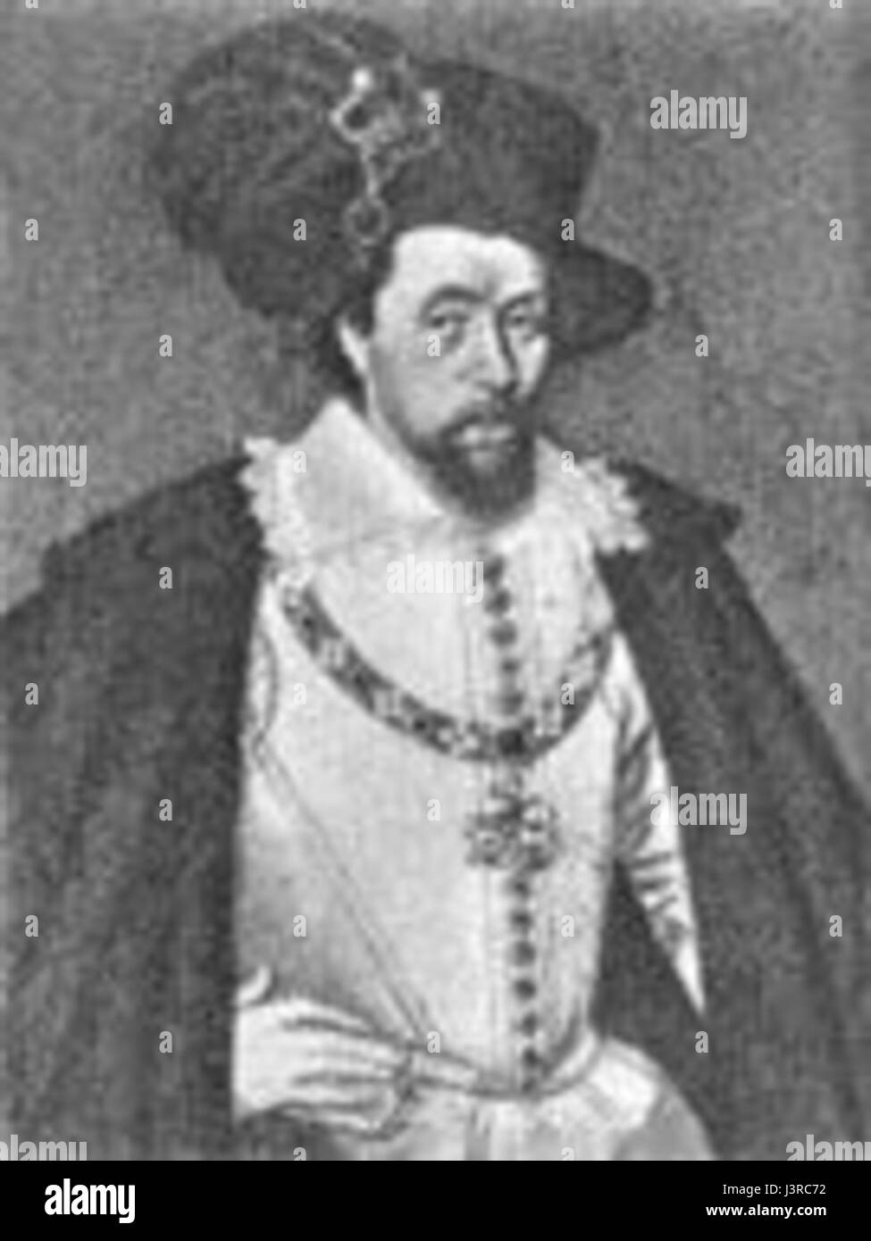 König Jakob I., auch bekannt als Jakob VI. Von Schottland, regierte England von 1603 bis 1625. Er ist bekannt für die Vereinigung der Kronen Englands und Schottlands, seine Mäzenatschaft der Künste und die Inbetriebnahme der King James Bible. Stockfoto