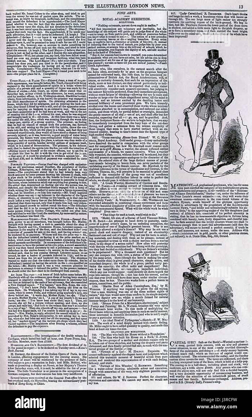 Die erste Ausgabe der Illustrated London News enthält Seite 13, die Journalismus und Illustration des frühen 19. Jahrhunderts zeigt. Es enthält detaillierte Stiche und Nachrichtengeschichten aus dieser Zeit, die einen Einblick in die sozio-politische Landschaft der Zeit geben. Stockfoto