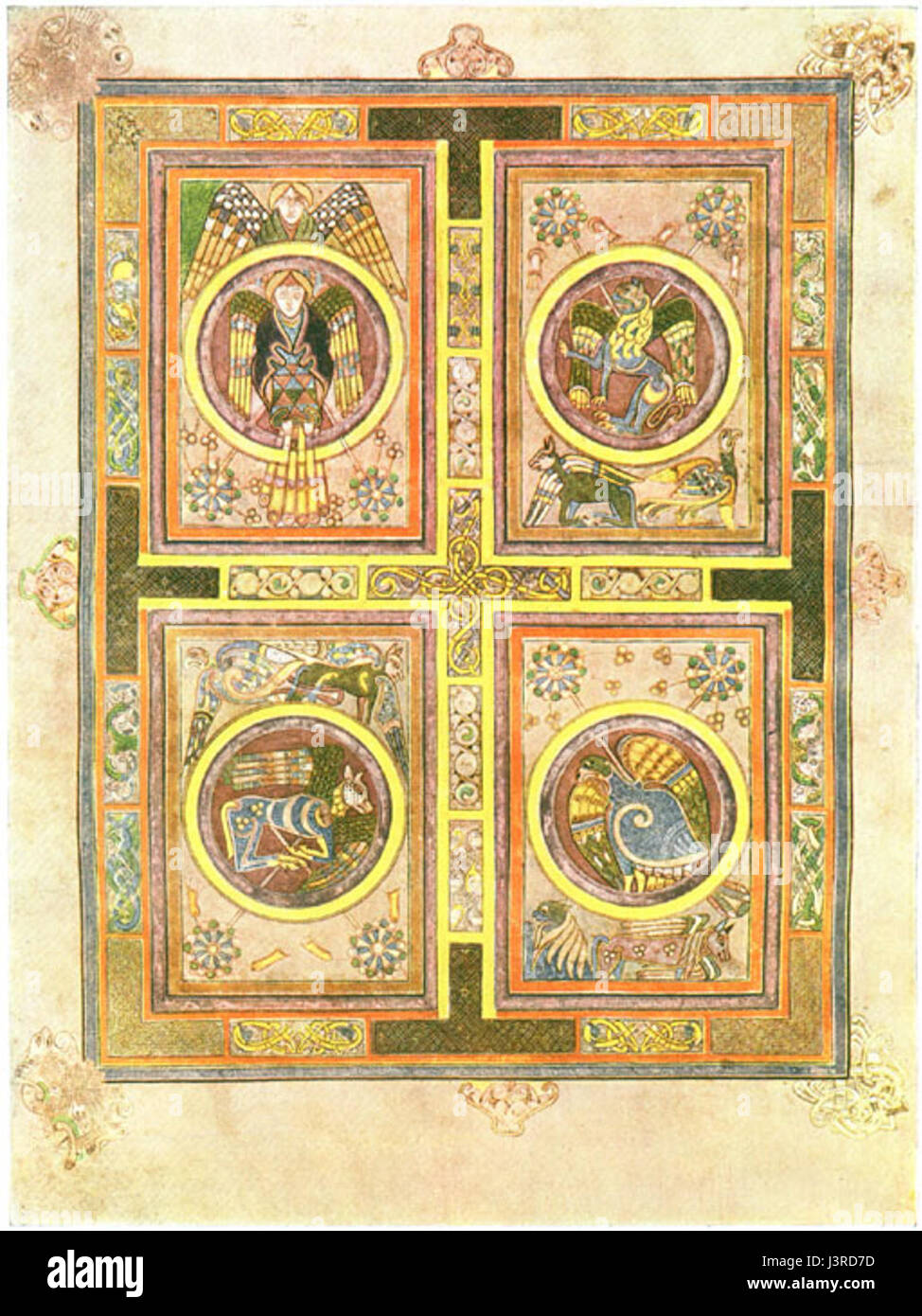 Dieser Titel bezieht sich auf eine Seite aus dem Book of Kells, speziell Folio 129v, auf der evangelistische Symbole dargestellt werden, die religiöse Ikonographie aus der mittelalterlichen Manuskript zeigt. Stockfoto