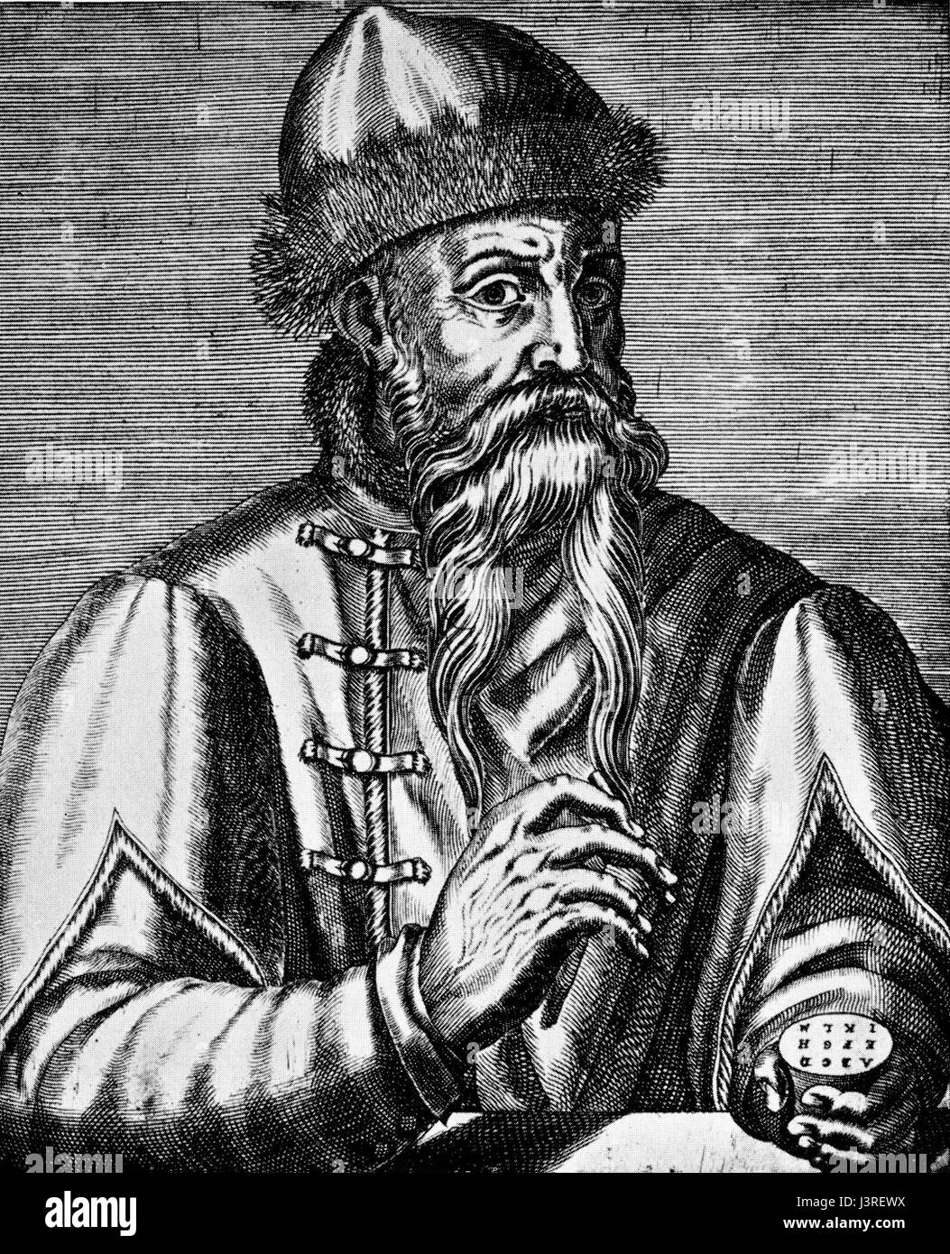 Johannes Gutenberg war ein deutscher Erfinder und Drucker, der für die Einführung des beweglichen Druckens in Europa bekannt war. Seine Erfindung revolutionierte die Kommunikation und spielte eine Schlüsselrolle bei der Verbreitung des Wissens während der Renaissance. Stockfoto