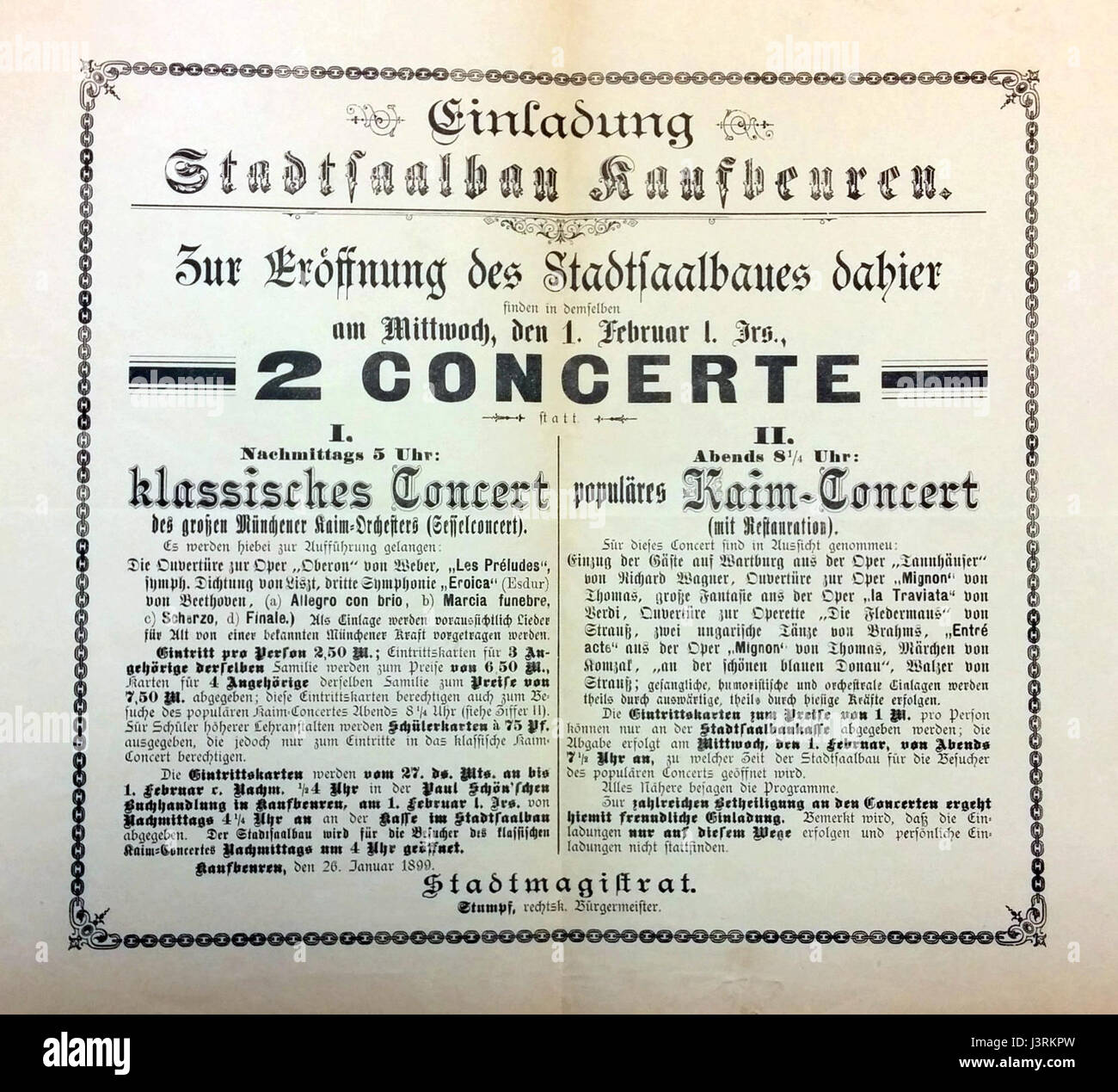 Das Kaim Konzert KF Stadtsaal bezieht sich auf ein Konzert oder eine Aufführung, die in einem Ort namens Stadtsaal stattfindet, möglicherweise in einer Stadt, die mit Kaim verwandt ist. Der Stadtsaal kann einen kulturellen Veranstaltungsort oder Saal für musikalische Veranstaltungen oder Aufführungen angeben. Stockfoto