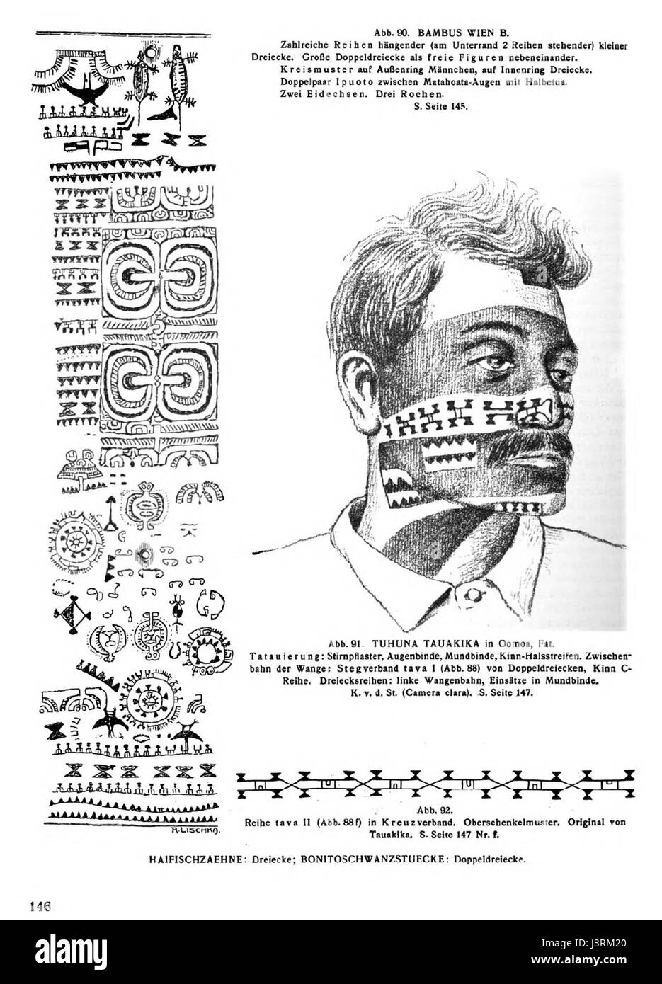 Das Buch K.v.d.Steinen, Marquesaner BD1 aus dem Jahr 146 zeigt traditionelle Tattoos von den Marquesas-Inseln. Diese Tattoos sind wichtige Aspekte des kulturellen Erbes und der Identität der Inseln. Stockfoto