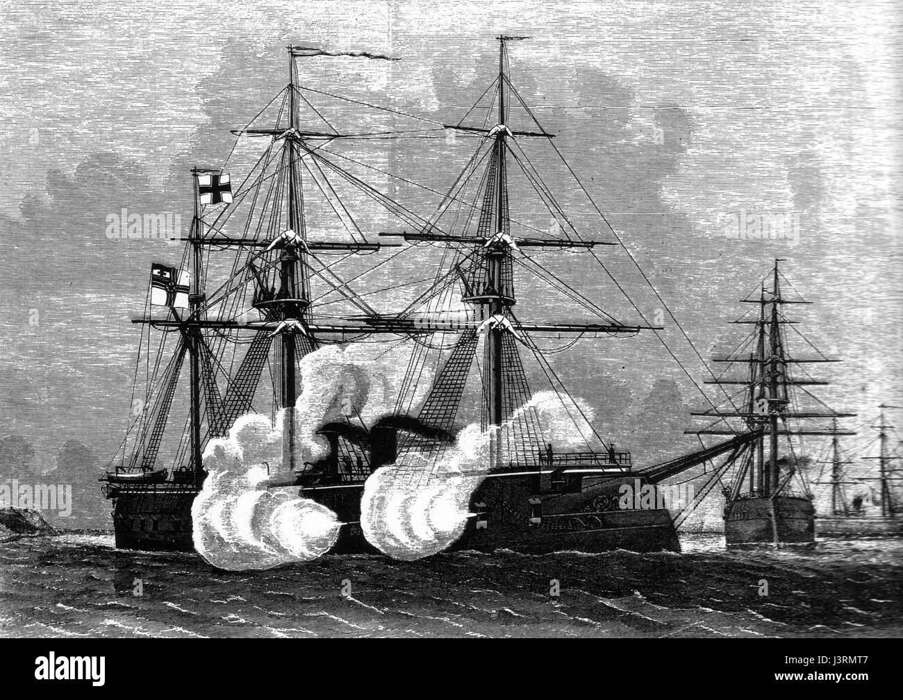 Zur Kaiserlichen Marine gehörte die Danziger Reede-Flotte mit Schiffen wie dem Kronzprinz Friedrich Carl und der Ariadne, wichtige Schiffe der deutschen Marine im 19. Jahrhundert. Stockfoto