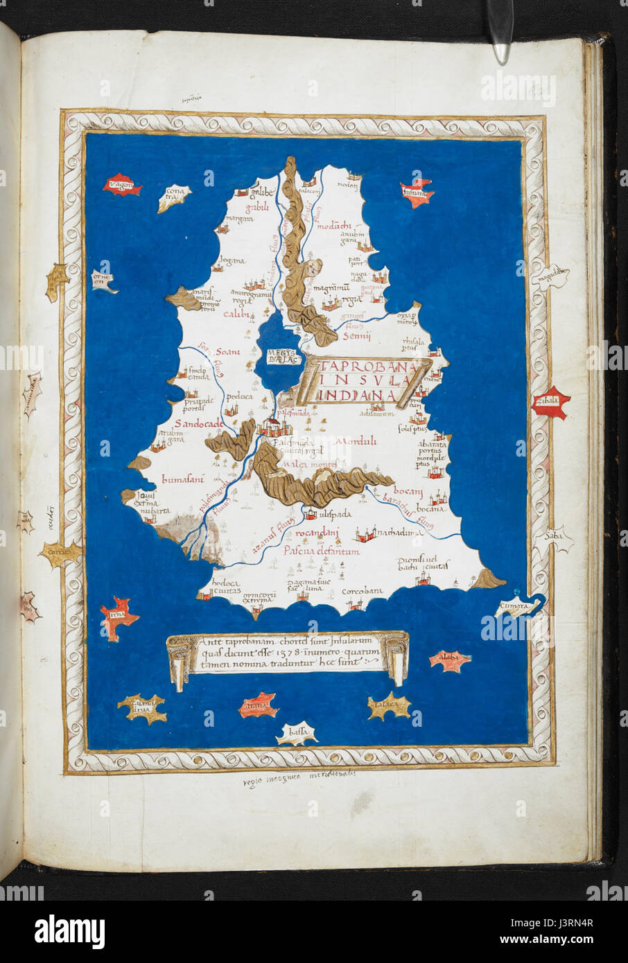 „Insularium Illustratum“ ist eine Manuskriptkarte aus dem 16. Jahrhundert, die Inseln und Küstenregionen darstellt. Es bietet Einblicke in die Kartographie während des Zeitalters der Erkundung und zeigt geographisches Wissen der Zeit. Stockfoto