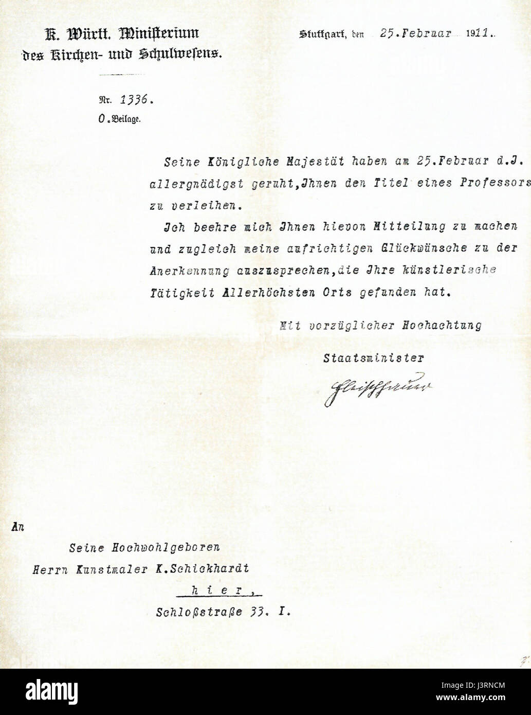Karl Schickhardts Verleihung des Titels Professor am 23. Februar 1911 ist ein bedeutendes Ereignis in seiner akademischen Karriere. In dem Dokument werden seine Leistungen und Beiträge für die Wissenschaft hervorgehoben. Stockfoto