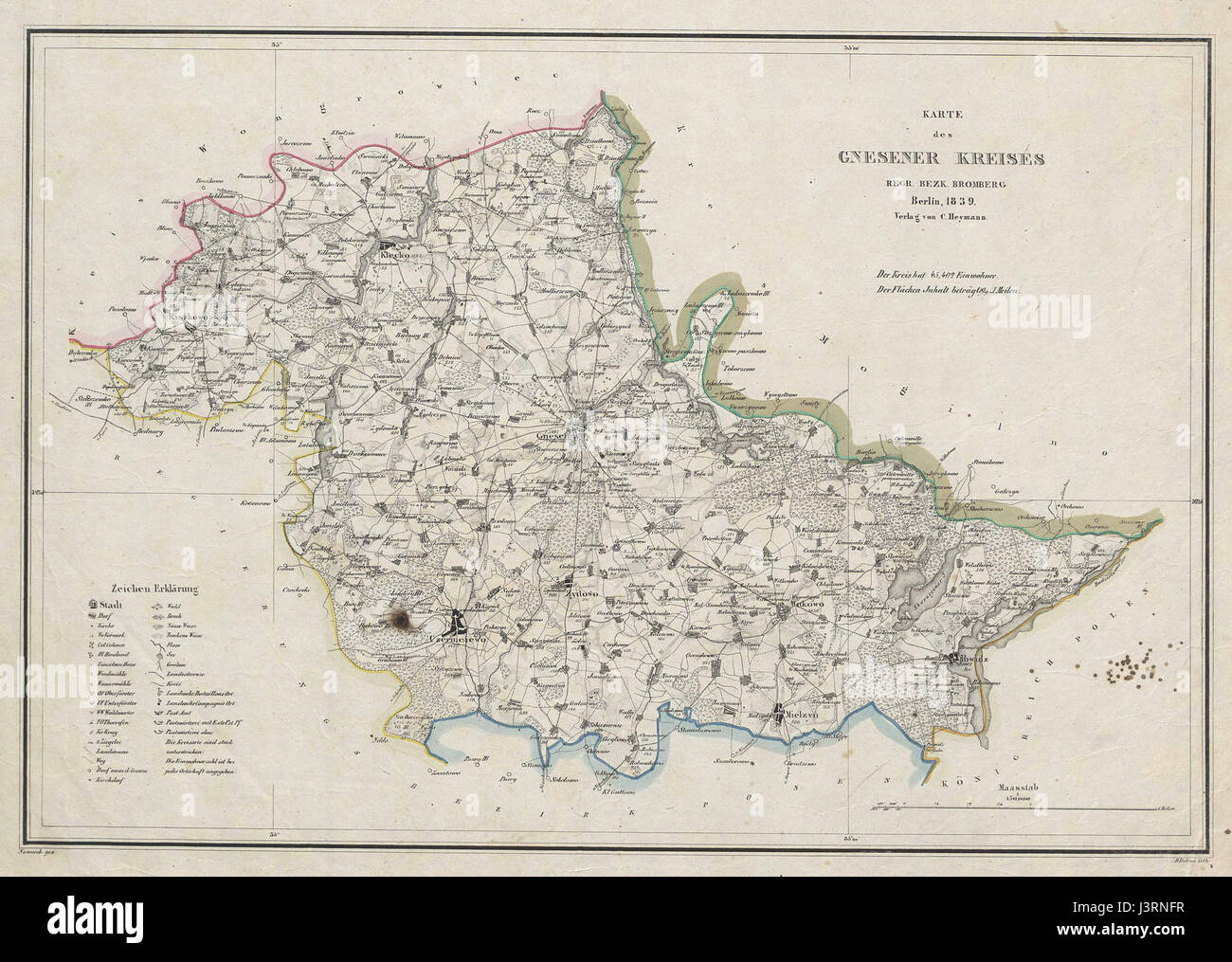 Diese Karte aus dem Jahr 1839 zeigt den Gnesener Kreis in Polen, eine historische Region, die eine bedeutende Rolle in der polnischen Geschichte spielte. Die Karte spiegelt die administrativen Grenzen und territorialen Strukturen der Region während des 19. Jahrhunderts wider. Stockfoto