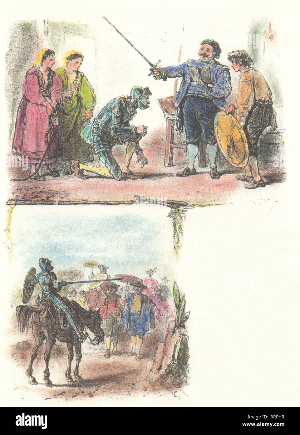 Eine Illustration von Don Quijote von Telory, die das ikonische Bild des Protagonisten in seiner charakteristischen Rüstung zeigt, die auf seinem Pferd Rocinante montiert ist. Diese Darstellung fängt die idealistische, aber fehlgeleitete Natur des Charakters ein, während er sich auf seine Abenteuer einlässt, um gegen imaginäre Feinde zu kämpfen. Das Kunstwerk ist eine visuelle Interpretation der Themen Ritterlichkeit, Fantasie und Abenteuer innerhalb des literarischen Klassikers. Stockfoto