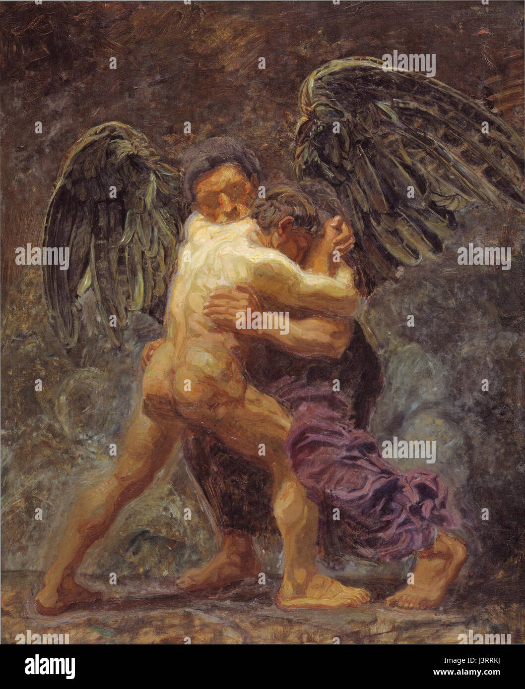 Jakobs Kampf mit dem Engel ist eine biblische Szene, in der Jakob mit einem Engel ringt, ein bedeutendes Ereignis im Buch Genesis. Dieses Thema wurde in religiöser Kunst und theologischen Diskussionen weithin interpretiert. Stockfoto