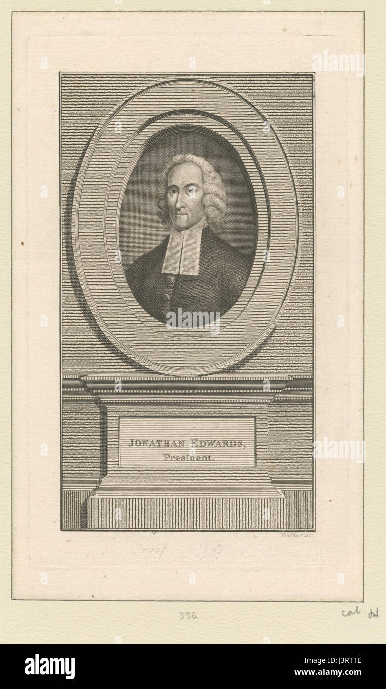 Jonathan Edwards war ein prominenter amerikanischer Theologe und Prediger des 18. Jahrhunderts. Als Präsident leitete er das College of New Jersey (heute Princeton University) und ist bekannt für seine Rolle beim Ersten Großen Erwachen. Stockfoto