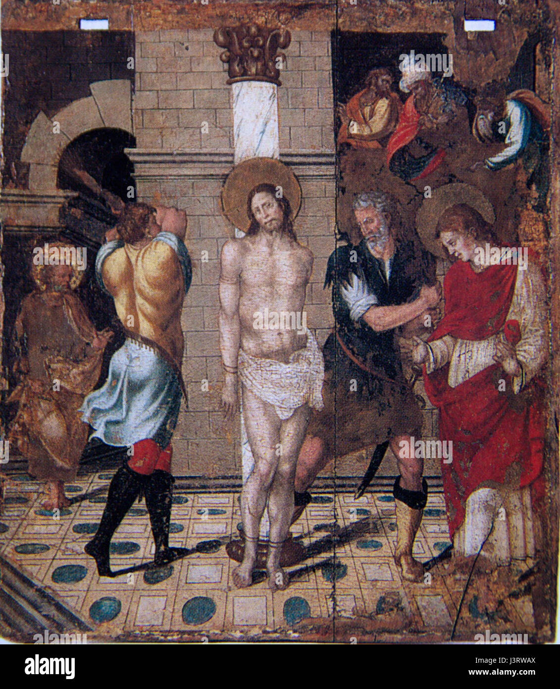 Ein Kunstwerk von Jaume Forner, das die Geißelung des Heiligen Agnes darstellt und eine dramatische religiöse Szene veranschaulicht. Stockfoto