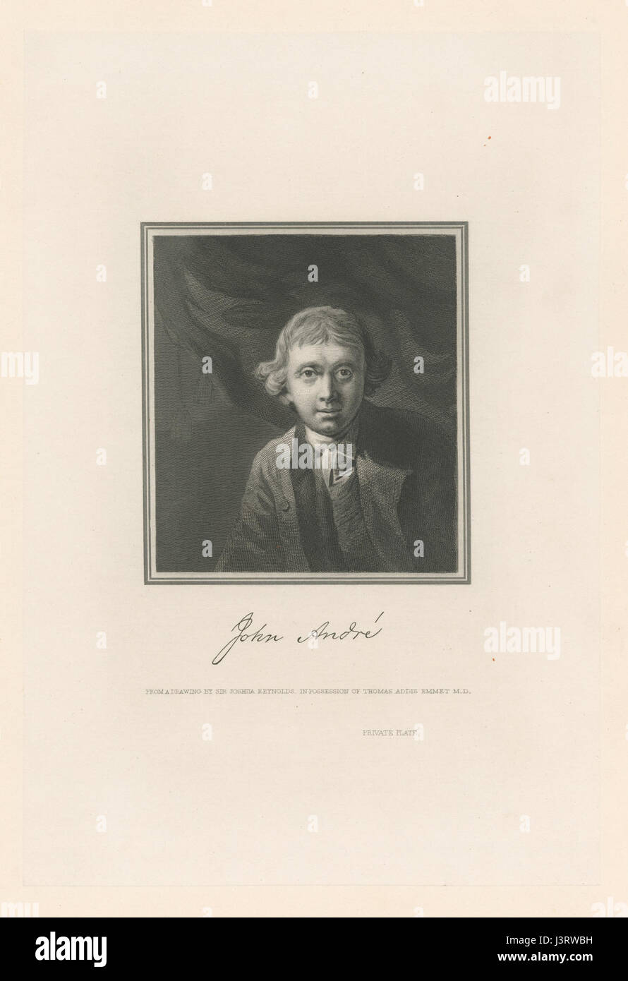 John Andre war Offizier der britischen Armee und Geheimdienstoffizier während des Amerikanischen Unabhängigkeitskrieges. Bekannt wurde er durch seine Rolle im Verrat von Benedikt Arnold und seine anschließende Hinrichtung im Jahr 1780. Stockfoto