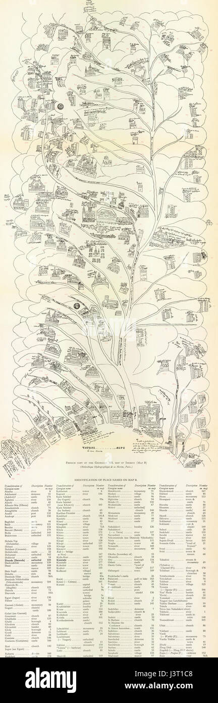 Die Karte des Königreichs Imereti aus dem Jahr 1738 zeigt die historischen Grenzen und Regionen des Königreichs Imereti im heutigen westlichen Georgien. Die Karte gibt Einblicke in die politische und geografische Landschaft der Region im 18. Jahrhundert. Stockfoto