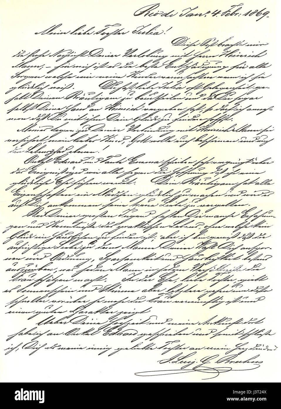 „JLBruhns an JuliaMann 4Feb1869“ ist wahrscheinlich ein historischer Brief oder Dokument vom 4. Februar 1869 zwischen J. L. Bruhns und Julia Mann, der Einblick in persönliche Korrespondenz oder historische soziale Zusammenhänge des 19. Jahrhunderts bietet. Stockfoto