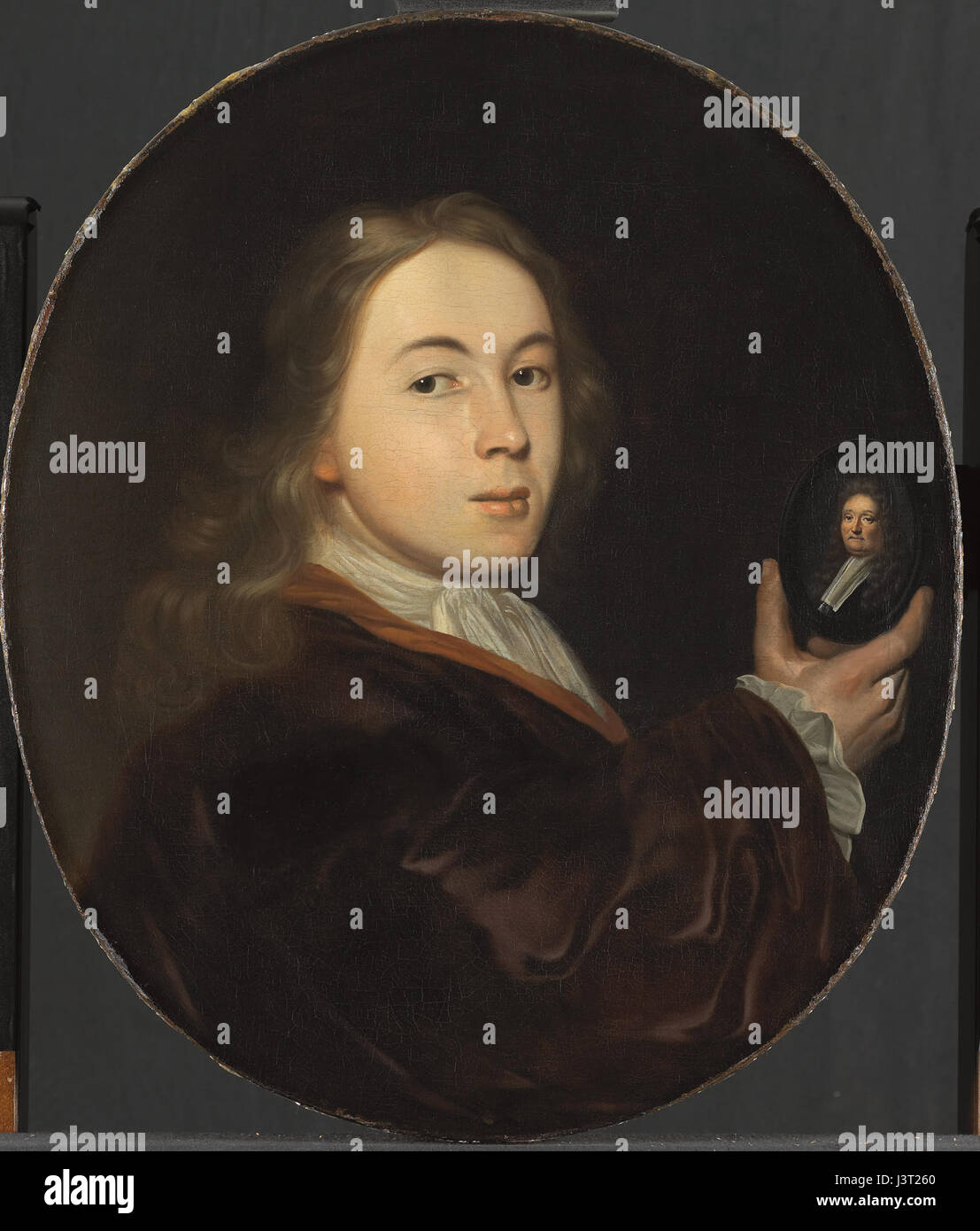 Gemälde von Johannes Bakhuysen mit einem Miniaturporträt seines Vaters Ludolf im Rijksmuseum mit barocker Kunst. Stockfoto