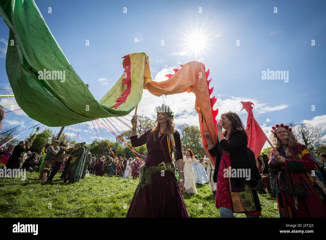 Jährlichen Beltane feiern am Maifeiertag in Glastonbury als Teil einer heidnischen Tradition um das kommen des Sommers zu feiern. Stockfoto