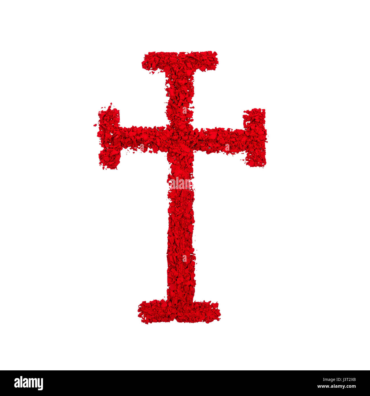 Christian Cross gemacht mit roter Farbe Pulver, isoliert auf weißem Hintergrund Stockfoto