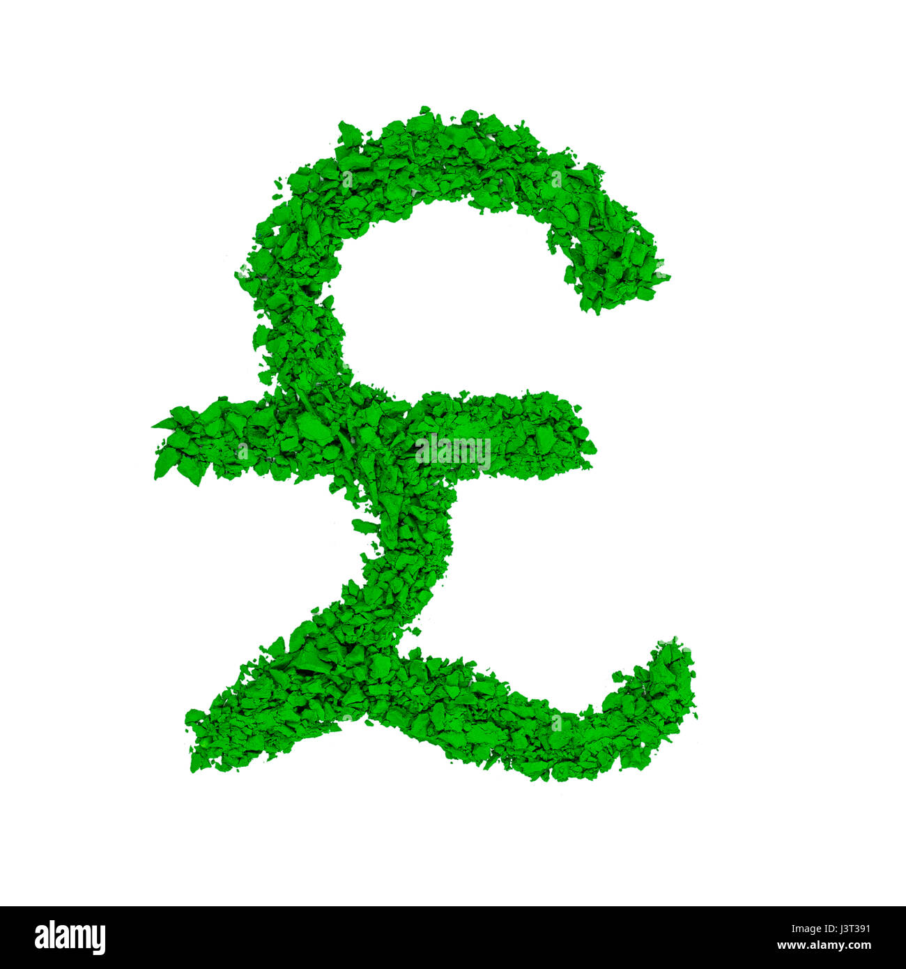 Britische Pfund Sterling Symbol gemacht in grüner Farbe Pulver, isoliert auf weißem Hintergrund Stockfoto