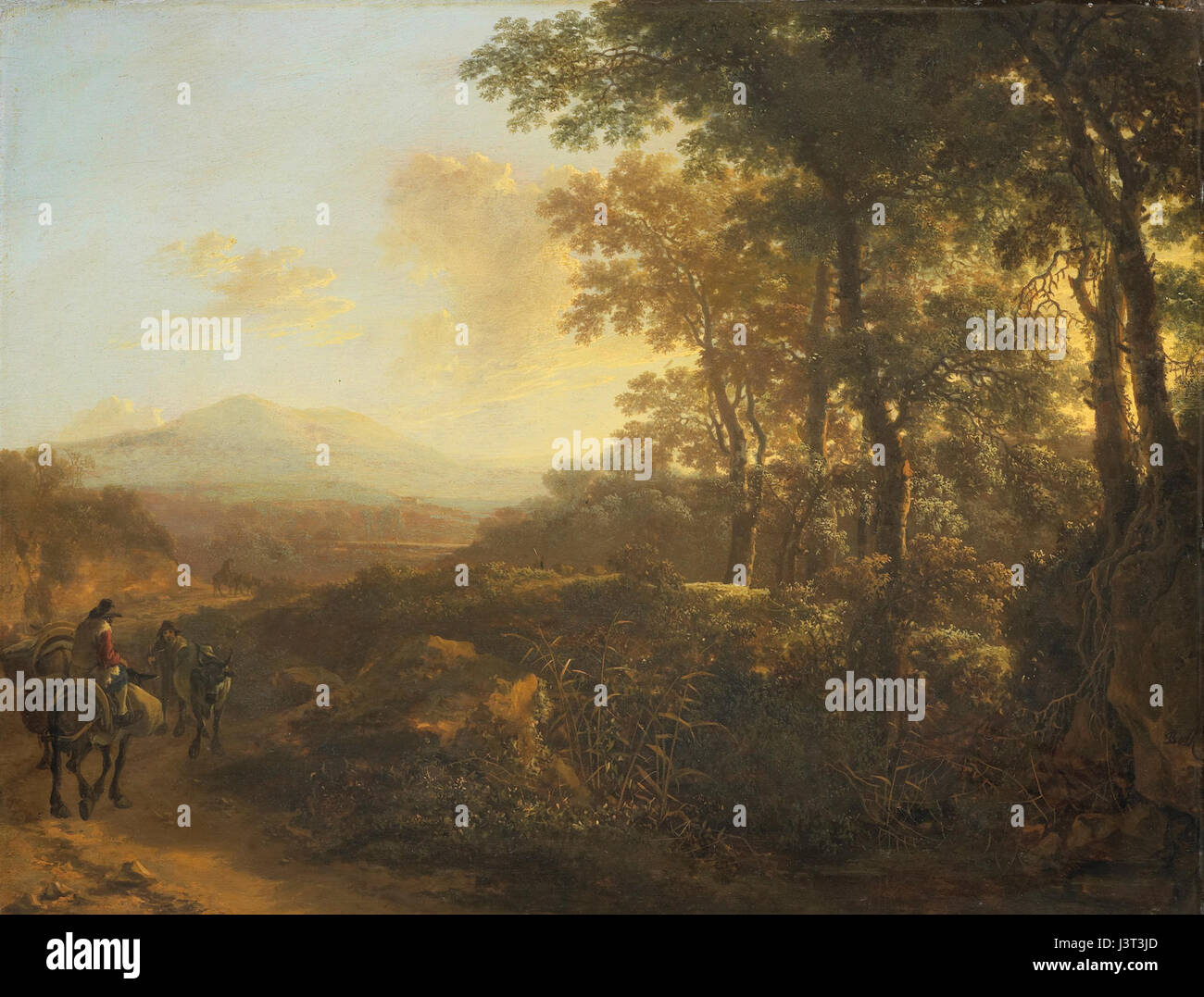 „Italiaans landschap met muilezeldrijver“ bedeutet „italienische Landschaft mit Maultier-Fahrer“. Dieses Kunstwerk, das im Rijksmuseum untergebracht ist, zeigt eine typisch italienische ländliche Szene mit einem Maultier-Fahrer und einer malerischen Umgebung. Stockfoto