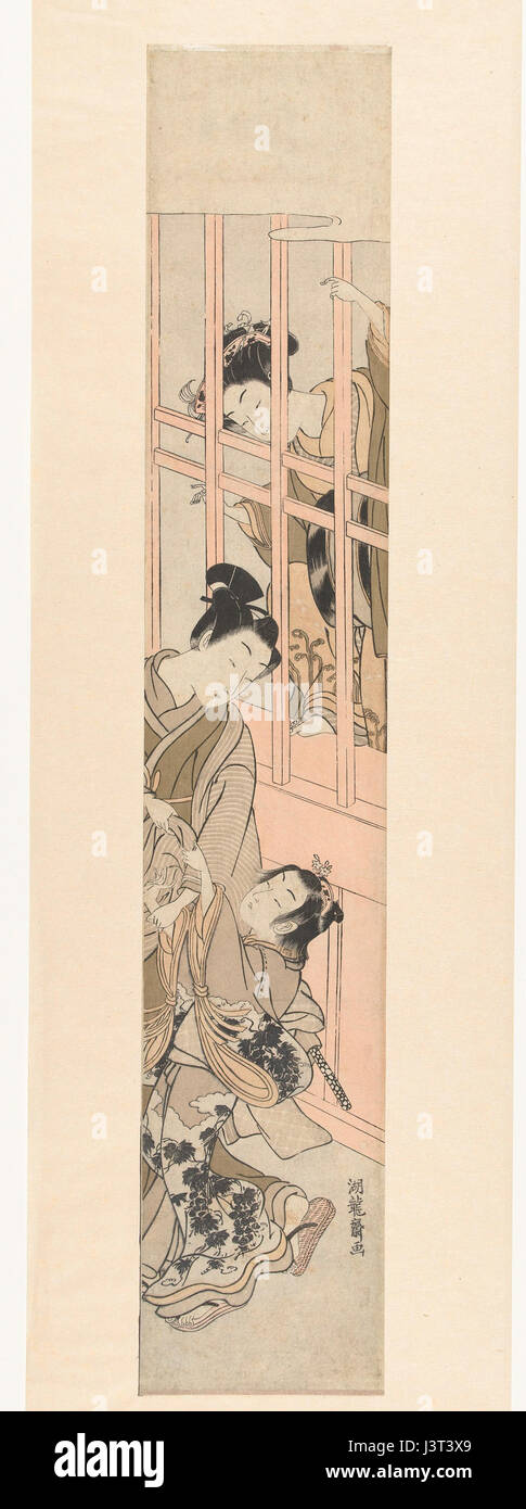 Das Kunstwerk Kamuro een voorbijganger ophoudend, das im Rijksmuseum untergebracht ist, zeigt eine vorbeiziehende Figur oder Straßenszene. Dieses Stück spiegelt das niederländische Kulturerbe und die historische Kunst dieser Zeit wider. Stockfoto