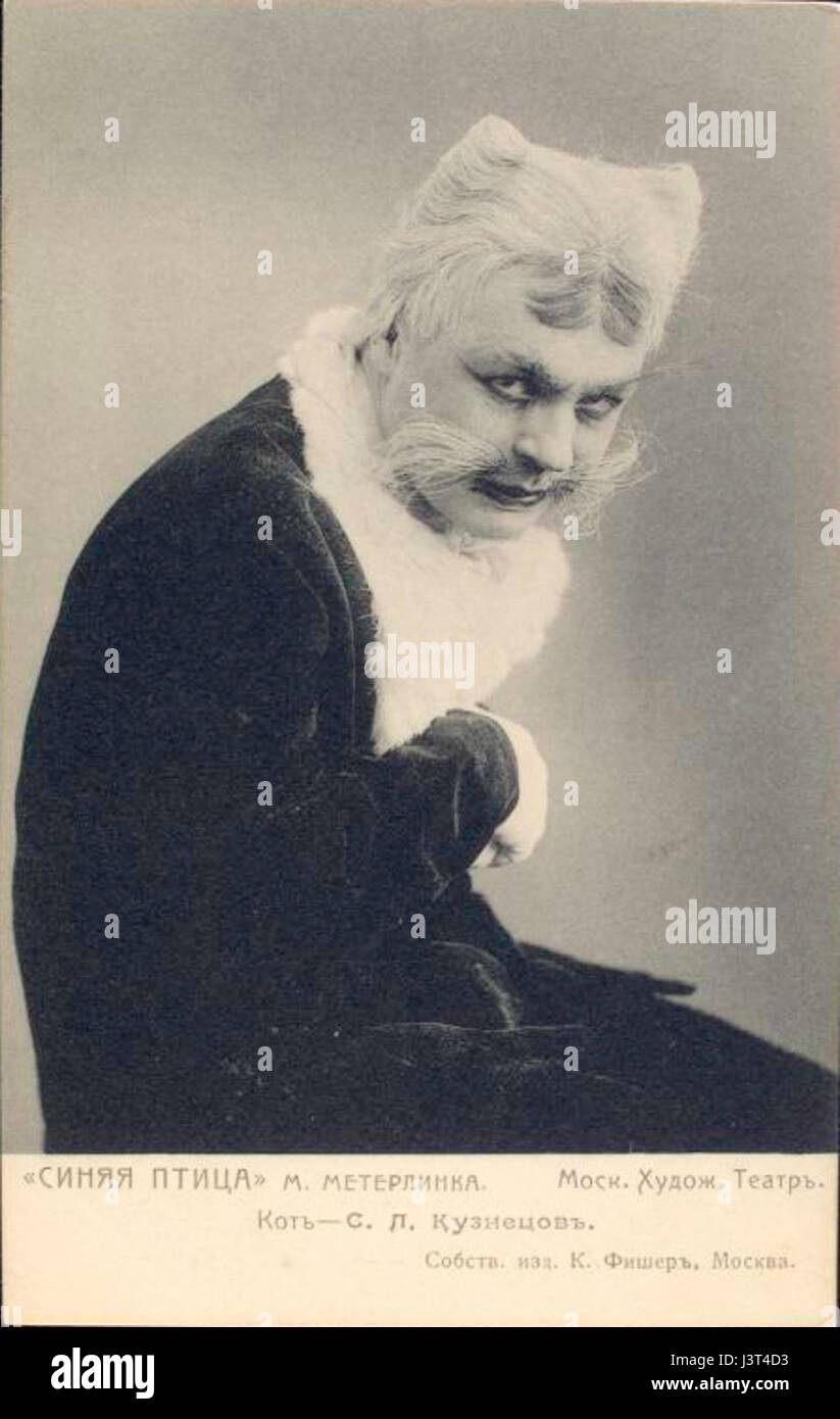 Dieses Bild zeigt den russischen Schauspieler Ivan Moskvin, der die Katze in der Produktion von „der blaue Vogel“ aus dem Jahr 1908 darstellt. Seine Rolle in diesem symbolischen Stück zeigt sein Talent bei der Aufführung fantastischer Charaktere im russischen Theater des frühen 20. Jahrhunderts. Stockfoto