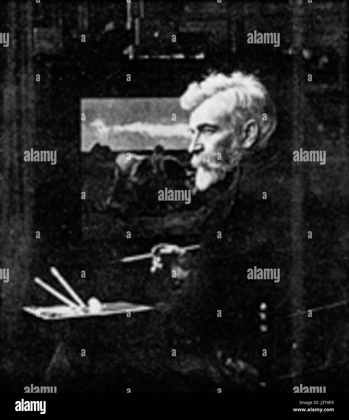 Ein Atelierfoto von Julien Dupre, aufgenommen für einen Katalog, in dem er seinen künstlerischen Prozess und die in seinem Kunstwerk verwendeten Techniken zeigt. Dupre war bekannt für seine realistischen Darstellungen des ländlichen Lebens. Stockfoto