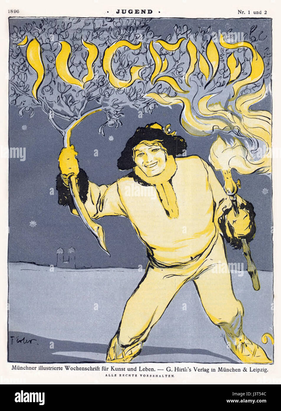 „Jugend 1896 Titel“ bezieht sich auf die Titelseite der Ausgabe 1896 von „Jugend“, einer deutschen Kunstzeitschrift, die für ihren Jugendstil bekannt ist. Für eine detaillierte Beschreibung ist ein weiterer Kontext erforderlich. Stockfoto