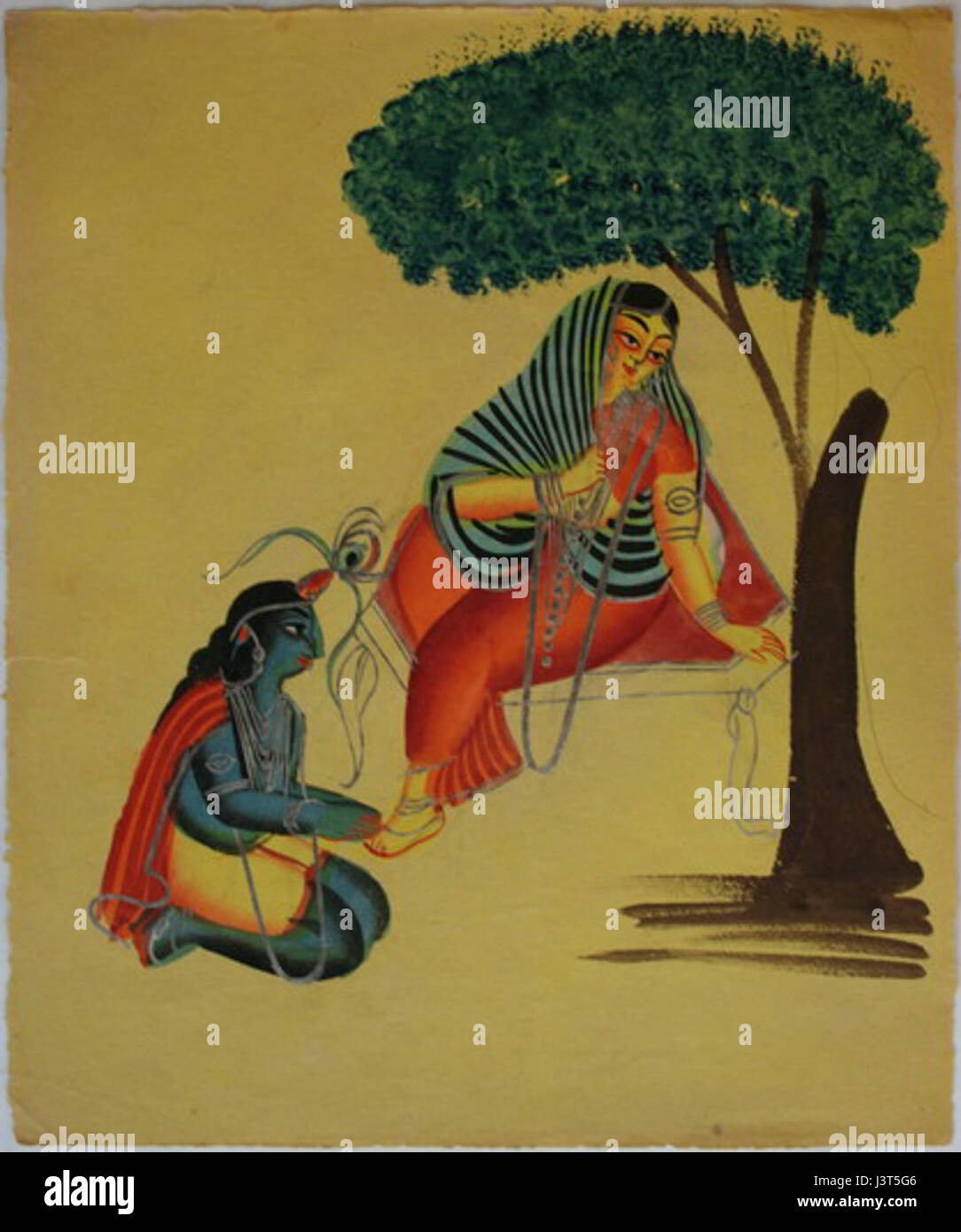 Kalighat Krishna ist ein ikonisches Gemälde der Kalighat School of Art, das die hinduistische Gottheit Krishna darstellt, die Radha dient. Es ist ein wunderschönes Beispiel traditioneller indischer Kunst aus dem 19. Jahrhundert. Stockfoto