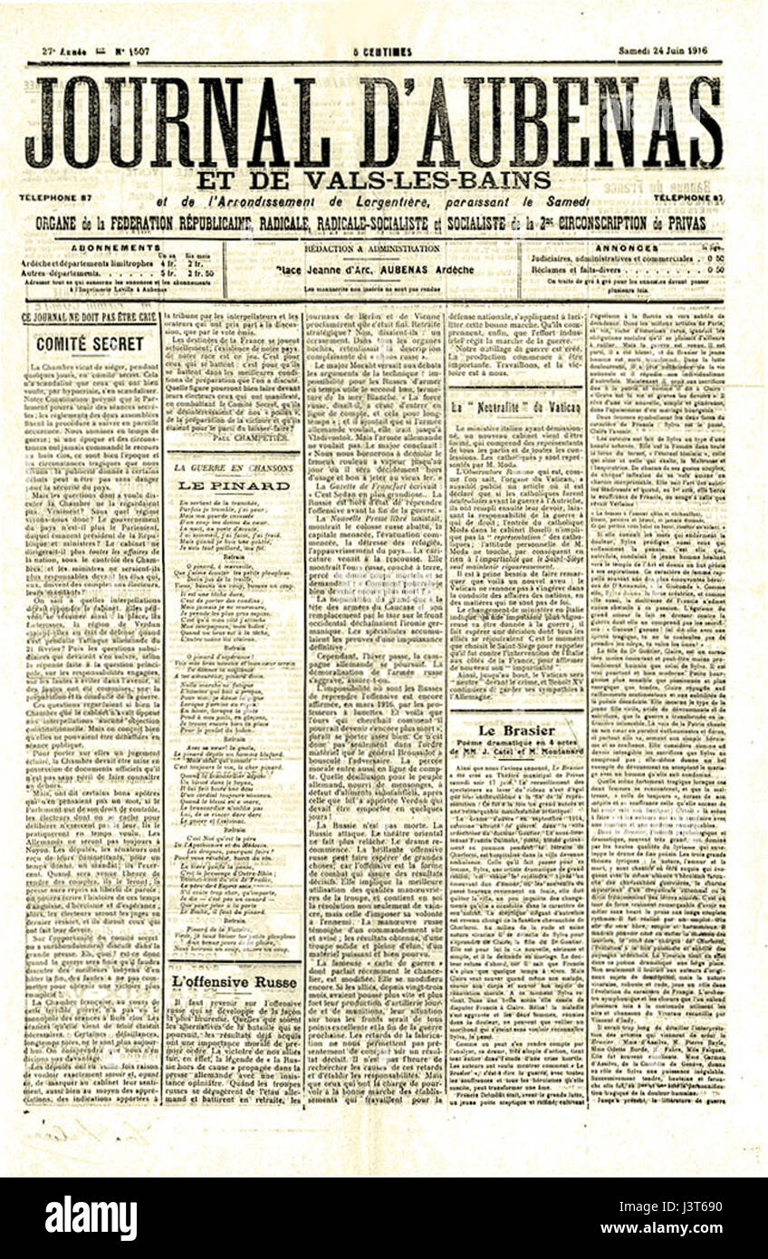 Eine Ausgabe der Zeitung Journal d'Aubenas vom 24. Juni 1916, die historische Einblicke in Ereignisse und Nachrichten aus dieser Zeit bietet. Stockfoto
