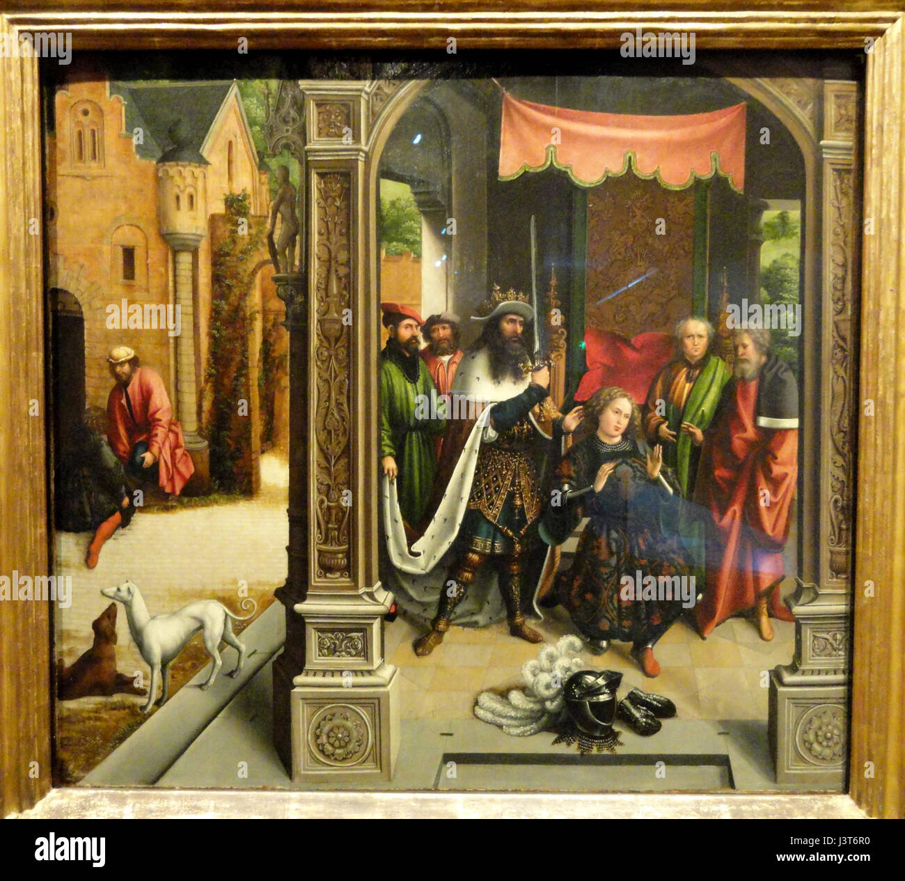 Das Gemälde „Ritter des heiligen Martin durch Kaiser Konstantin“ von Bernard van Orley zeigt den historischen Moment, in dem Kaiser Konstantin Ritter des heiligen Martin schlägt, und spiegelt sowohl religiöse als auch politische Themen wider. Dieses im frühen 16. Jahrhundert entstandene flämische Kunstwerk zeigt die Kunst des Künstlers in der Komposition und Verwendung von Farben, das im Nelson Atkins Museum of Art ausgestellt wurde Stockfoto