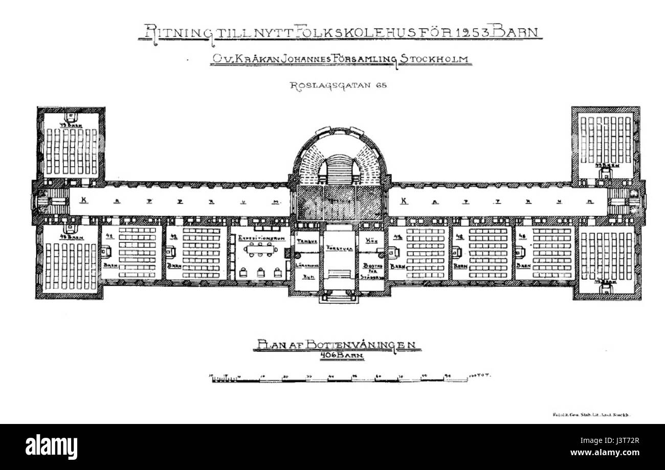 Die Zeichnung „Johannes Folkskola“ bezieht sich wahrscheinlich auf eine Architektur- oder Entwurfsskizze einer Schule in Schweden, die möglicherweise das Layout und die Struktur einer traditionellen Volksschule darstellt. Stockfoto