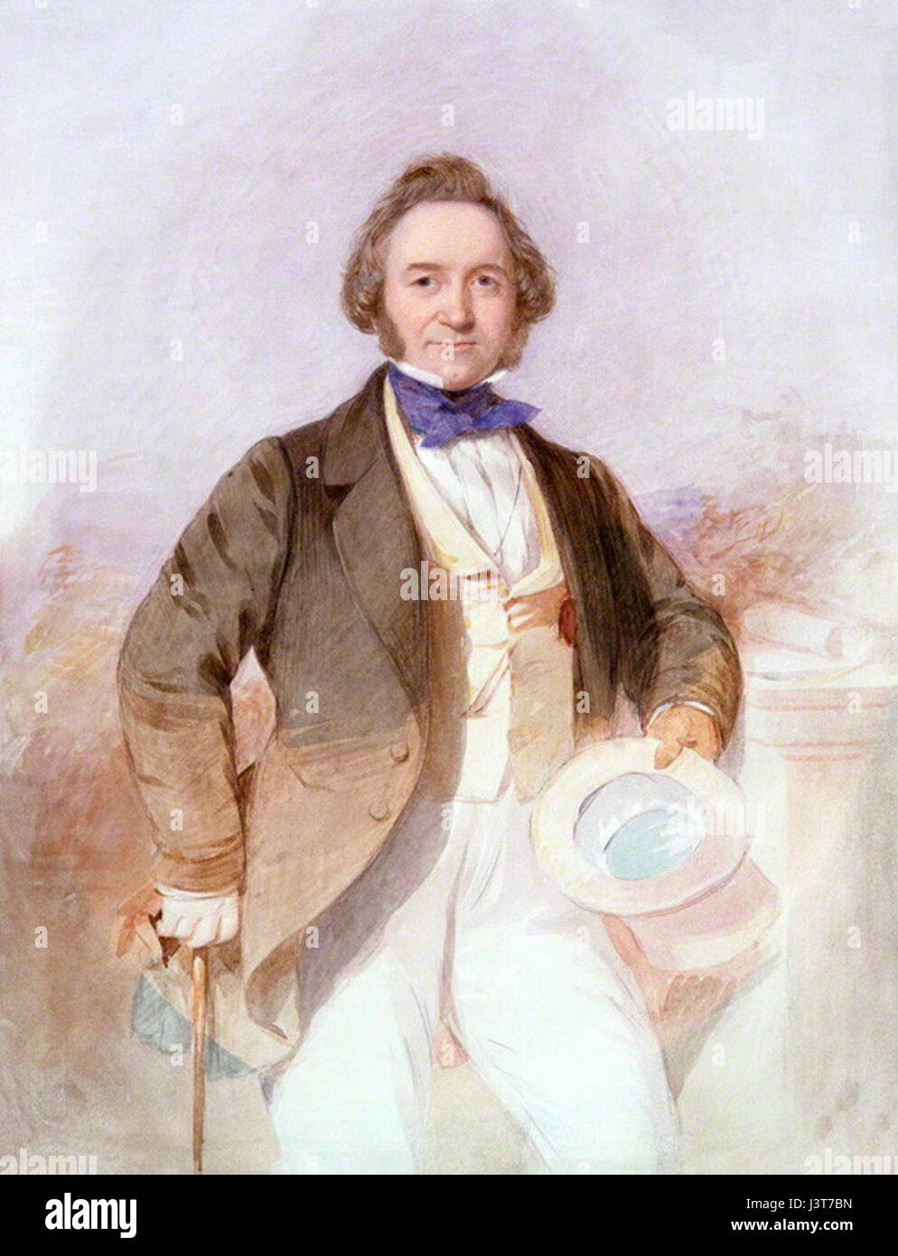 Dieses Porträt von Joseph Paxton, gemalt von Octavius Oakley um 1850, fängt den berühmten englischen Gärtner, Architekten und Designer ein. Paxton ist vor allem für die Gestaltung des Crystal Palace für die große Ausstellung 1851 bekannt, die technologische und industrielle Fortschritte dieser Zeit zeigte. Das Porträt spiegelt seine herausragende Rolle in der Kultur- und Architekturgeschichte des viktorianischen Britainâ wider. Stockfoto