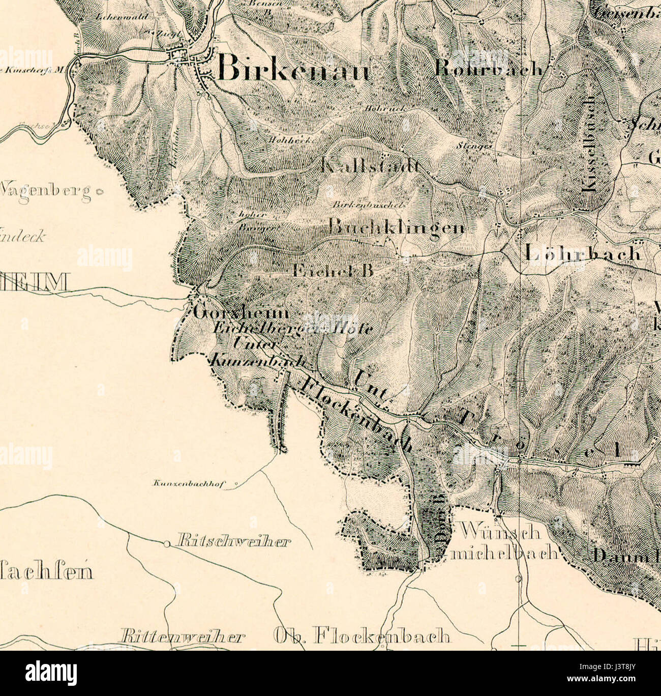 Diese Karte zeigt die Region Hirschhorn und Gorxheim in Deutschland und gibt einen Überblick über die Topographie und das Layout dieser Gebiete im Kontext der deutschen Geographie. Stockfoto