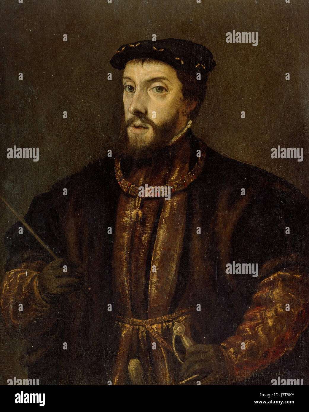 Dieses Gemälde mit dem Titel Karl V. nach Tiziano zeigt den Heiligen römischen Kaiser Karl V. nach dem Vorbild des berühmten venezianischen Künstlers Tizian (Tiziano). Es ist eine Reproduktion oder Interpretation von Tizians berühmtem Porträt von Karl V. Stockfoto