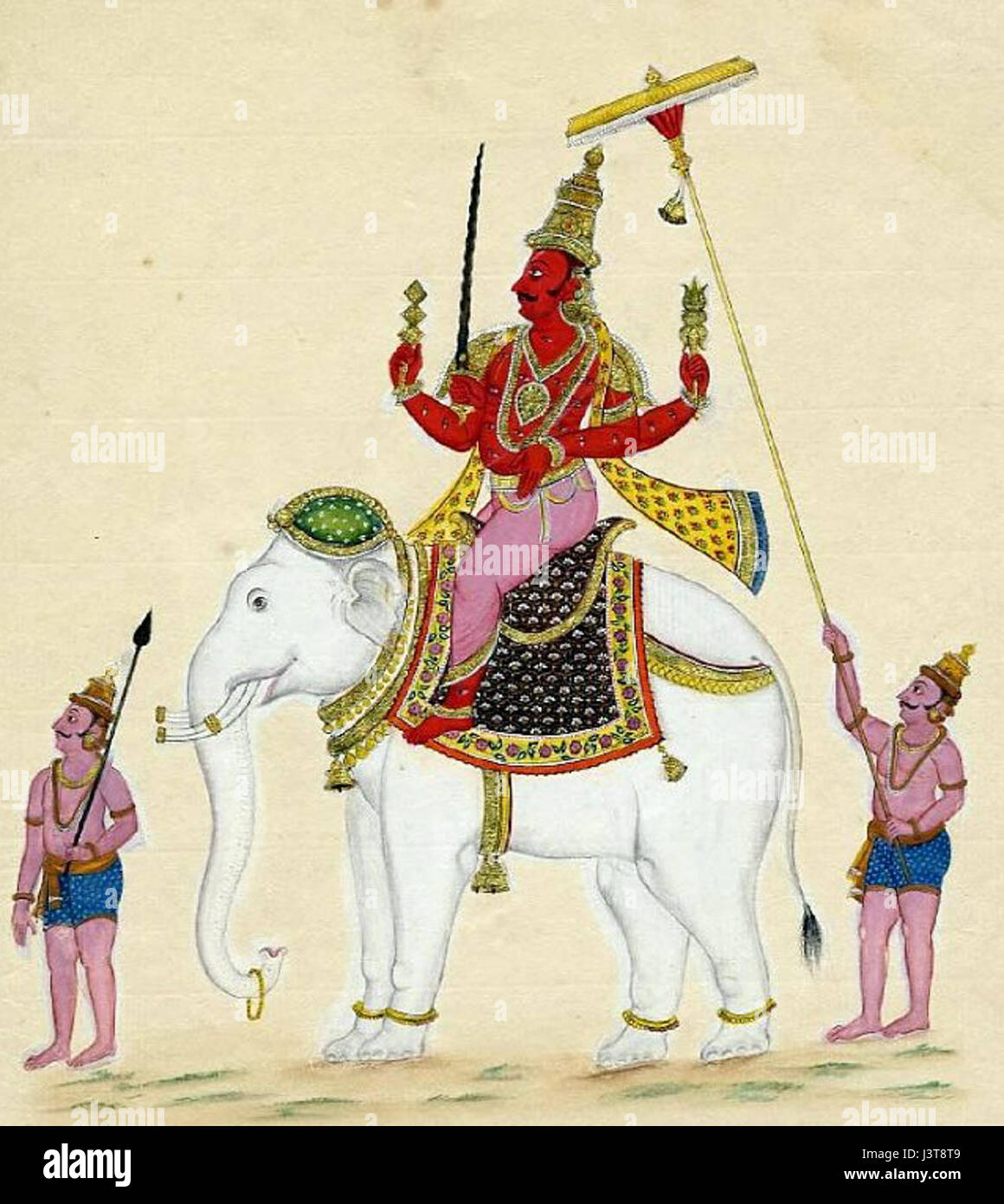 Indra deva ist eine Figur aus der hinduistischen Mythologie, die oft als König der Götter und Herrscher der Himmel anerkannt wird. Er wird mit Regen, Donner und Krieg in Verbindung gebracht, die häufig in alten Texten und religiösen Ikonographien dargestellt werden. Stockfoto