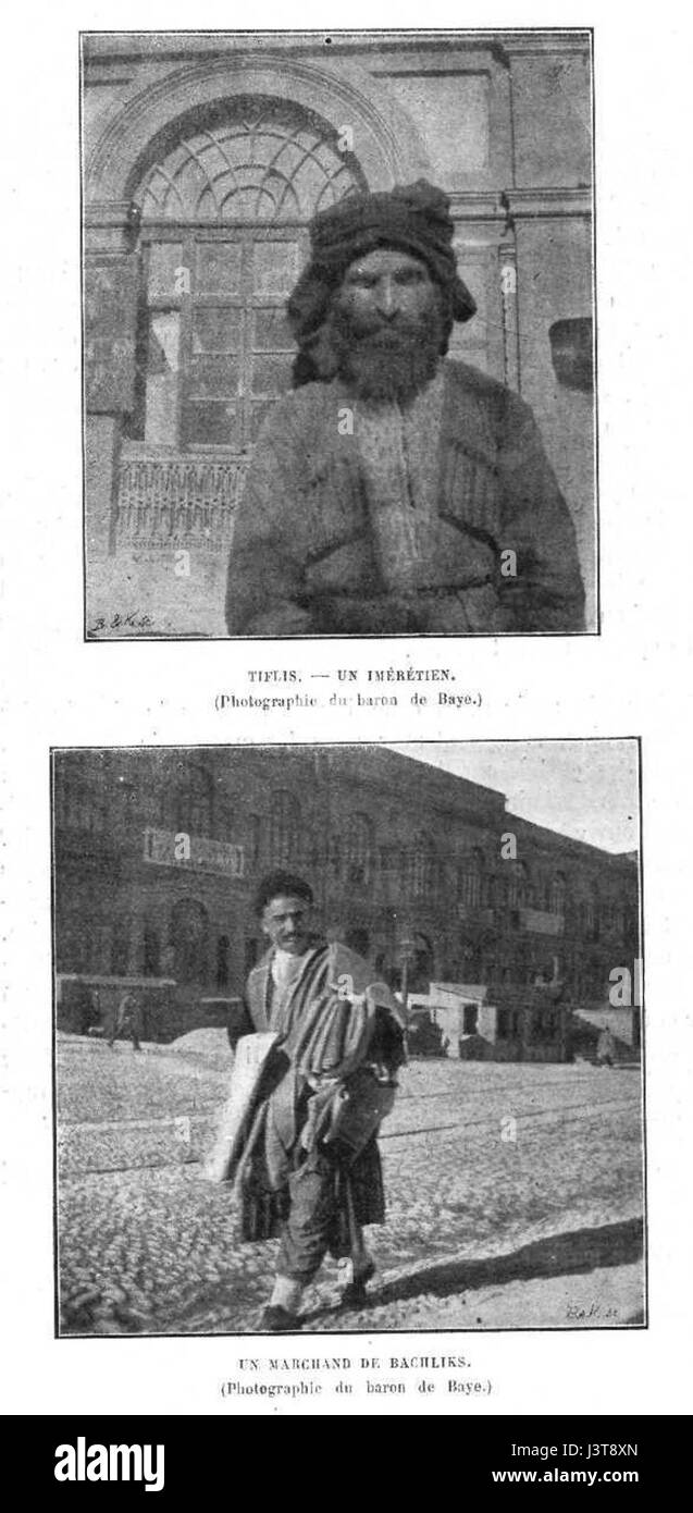 Das Foto, aufgenommen von Baron de Baye, zeigt imeretische Männer in traditioneller Kleidung in Tiflis, die einen Moment der georgischen Kultur und Mode im frühen 20. Jahrhundert festhalten. Stockfoto