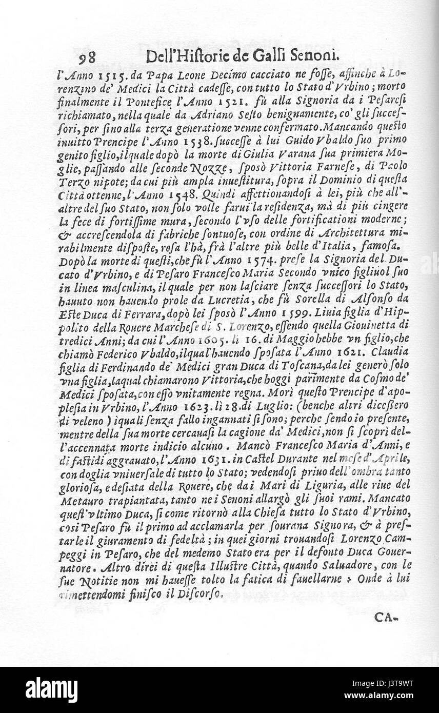 Dieses Buch, „Istorie dello Stato di Urbino“ (Geschichte des Staates Urbino), gibt einen historischen Bericht über die Region Urbino in Italien und beschreibt deren politische, kulturelle und wirtschaftliche Geschichte während der Renaissance. Stockfoto