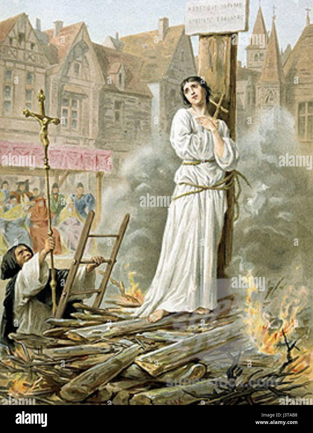Die Chromolithographie von Joan zeigt die historische Figur Joan of Arc, eine französische Nationalheldin, die für ihre Rolle im Hundertjährigen Krieg bekannt ist. Die lebendigen Farben und die detailreiche Darstellung des Prints spiegeln den Mut und die Stärke von Jeanne d'Arc wider und veranschaulichen ihre Bedeutung in der französischen Geschichte und das dauerhafte Erbe, das sie als Symbol des Widerstands und des Glaubens hinterlassen hat. Stockfoto