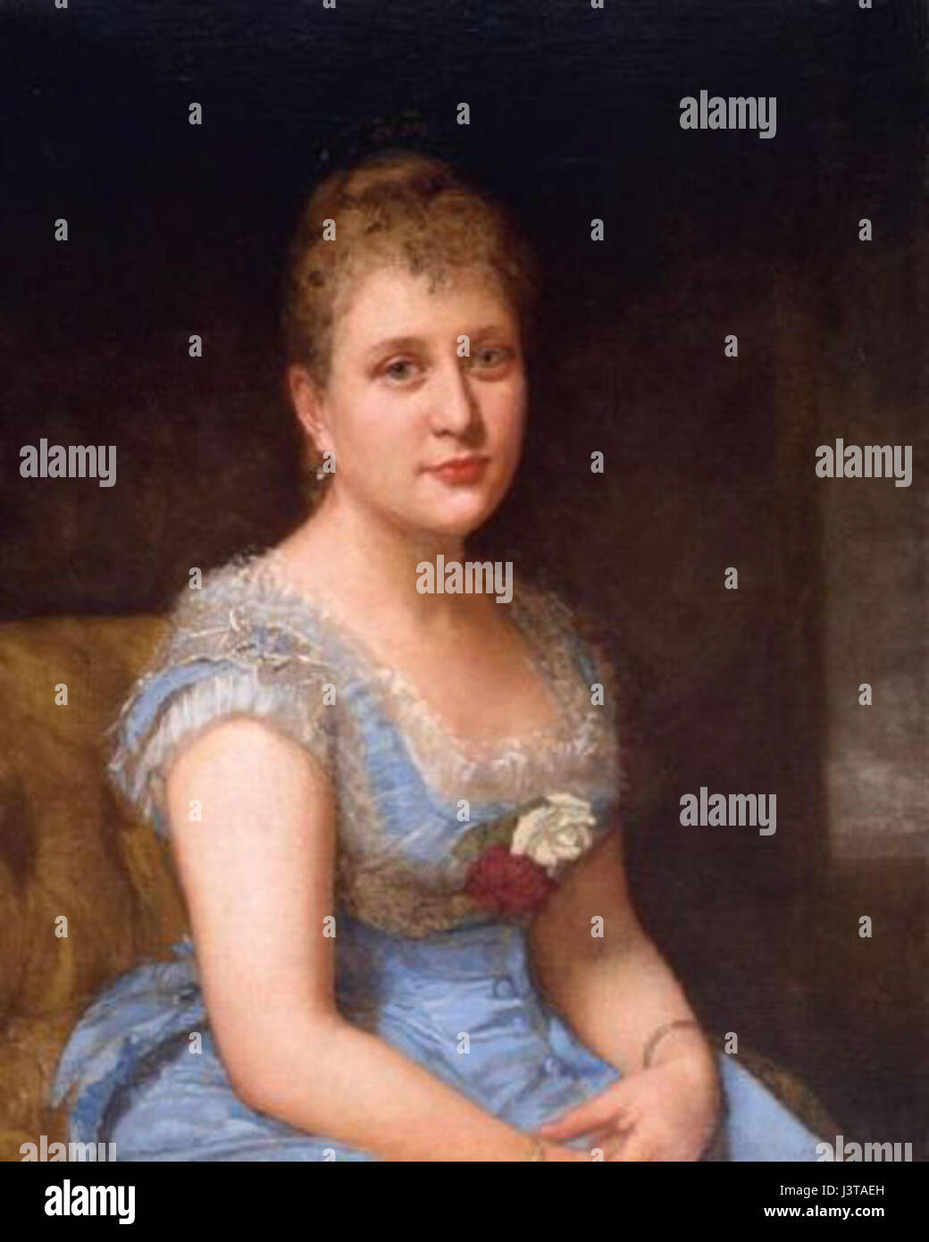 Jeanette Shepperd Harrison Schleife Porträt einer Frau trägt ein blaues Kleid mit weißen Spitzen Stockfoto