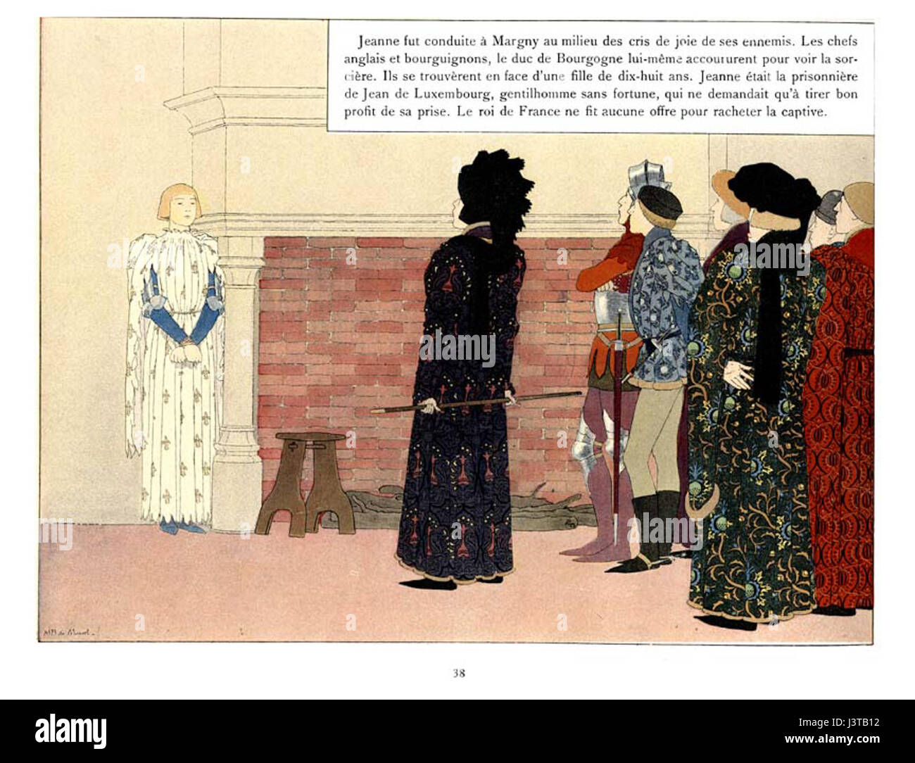 Dieses Werk stellt Jeanne d'Arc (Jeanne d'Arc), eine ikonische historische Figur, durch das Kunstwerk von Boutet de Monvel dar. Sie präsentiert ihr Leben und die entscheidenden Momente auf ihrer Reise und fängt den Geist ihres Heldentums und Martyriums ein. Stockfoto