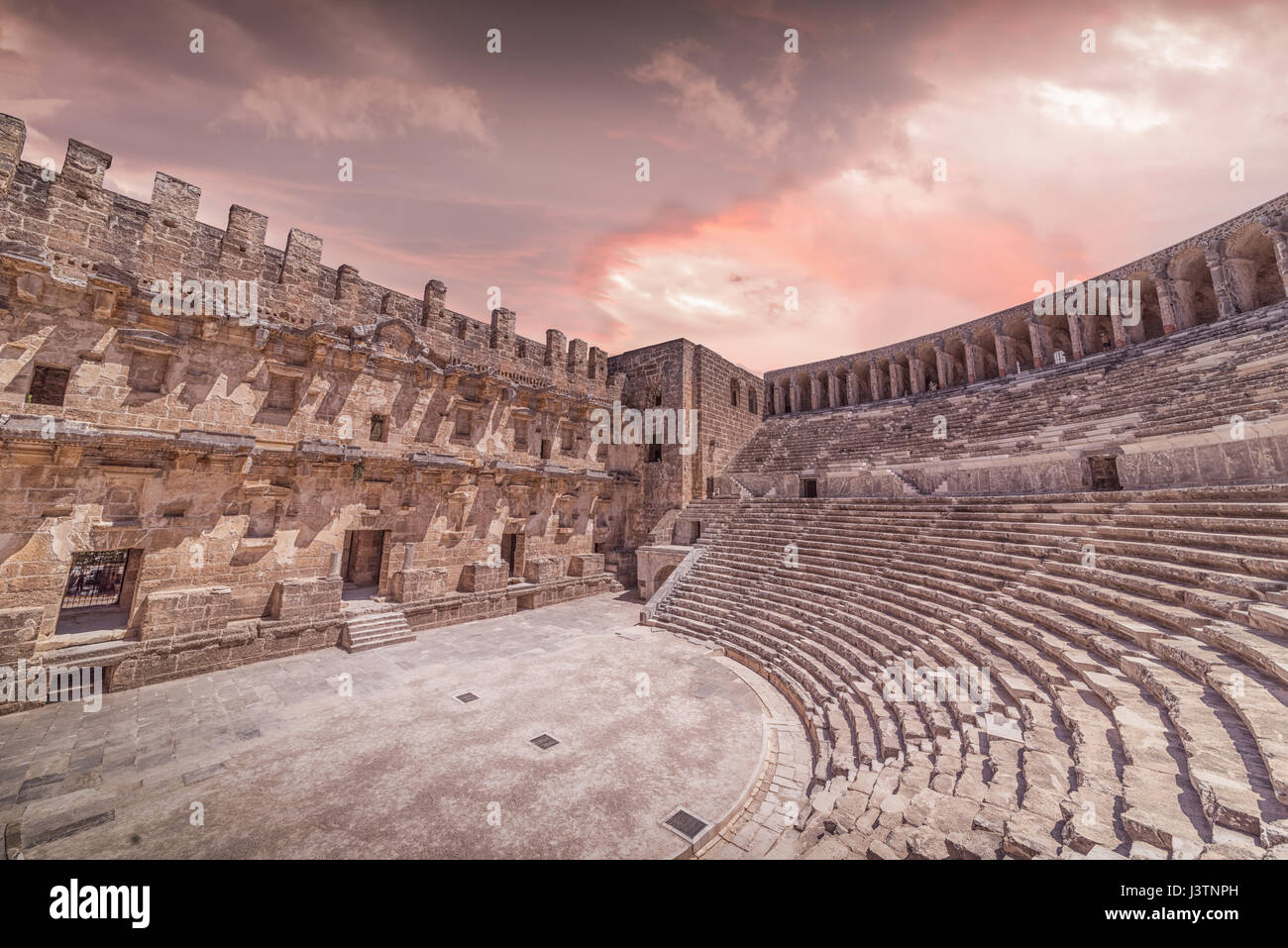 Alten römischen Amphitheater von Aspendos. Die Provinz Antalya, Türkei. Stockfoto