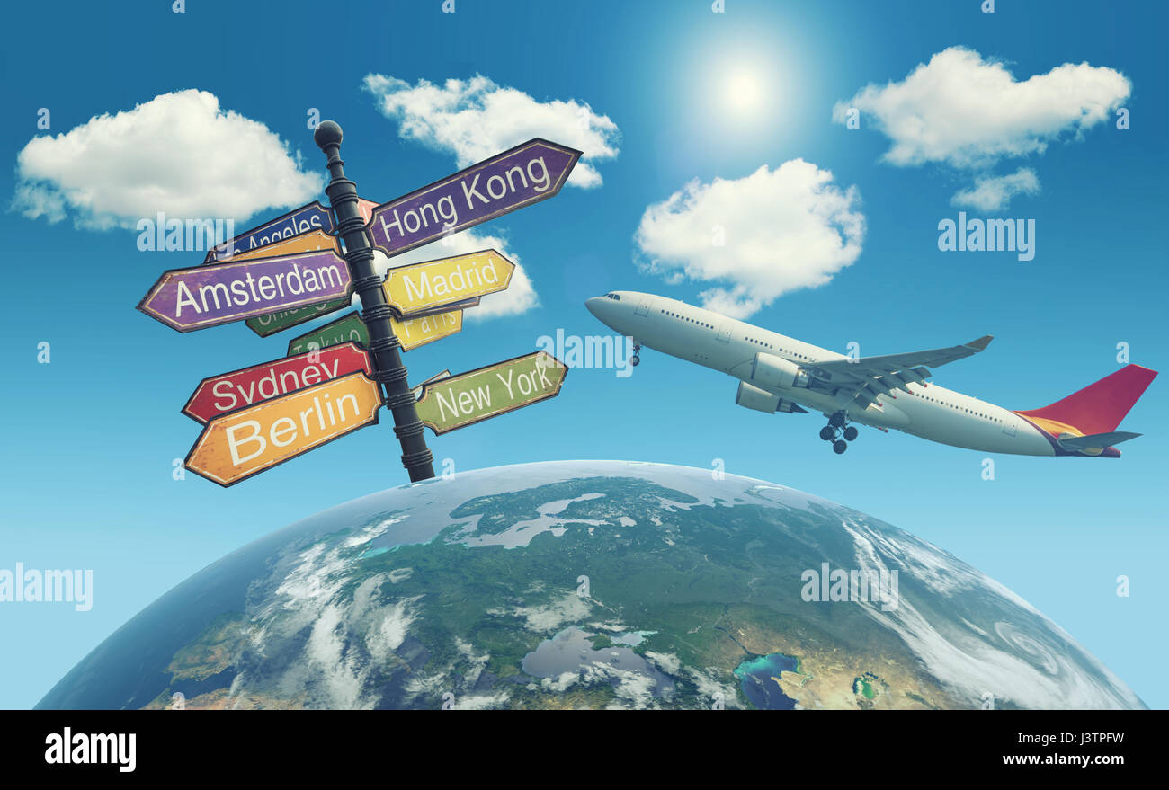 Direktionale Städte und Flugzeug über der Welt Stockfoto