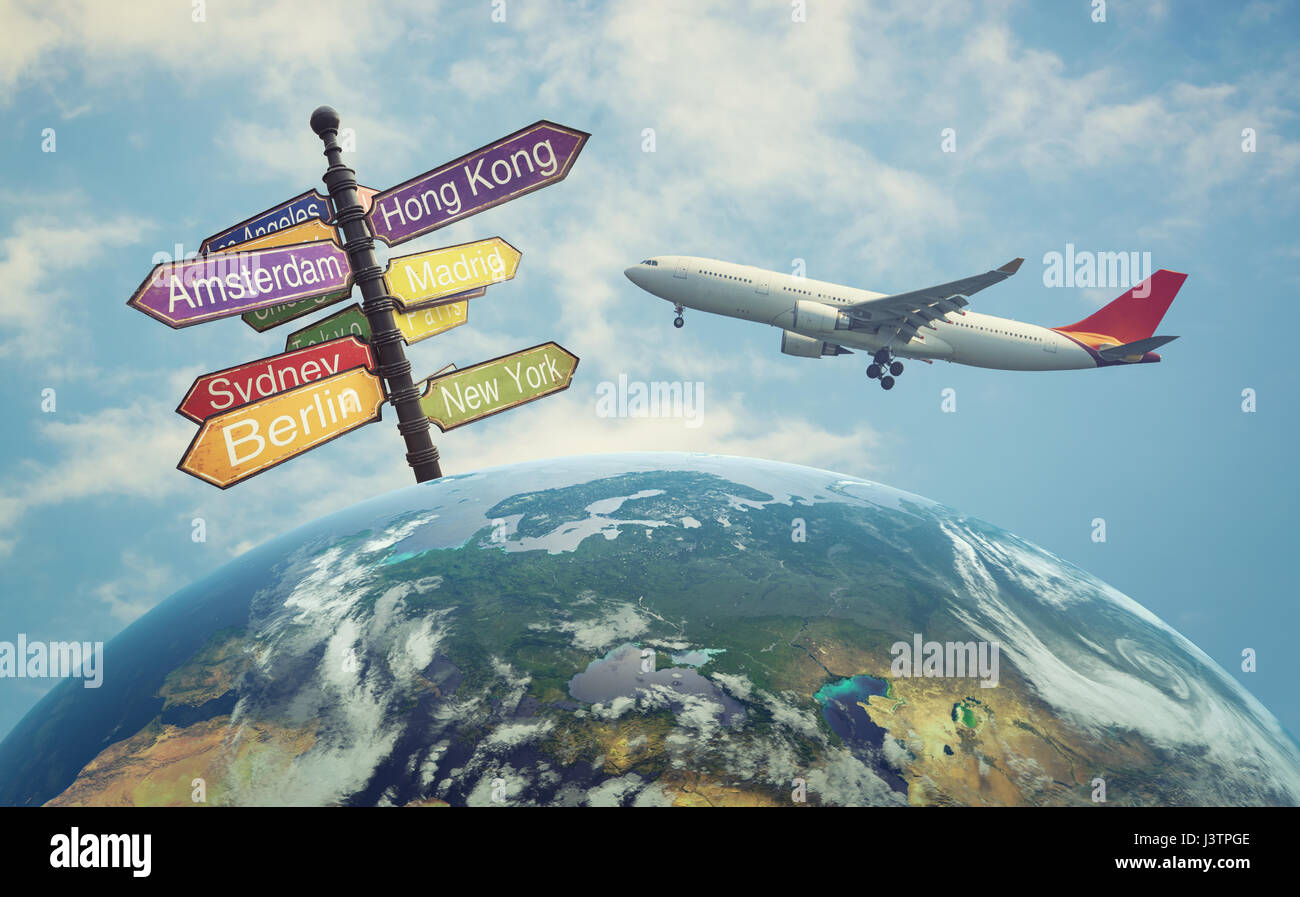 Direktionale Städte und Flugzeug über der Welt Stockfoto
