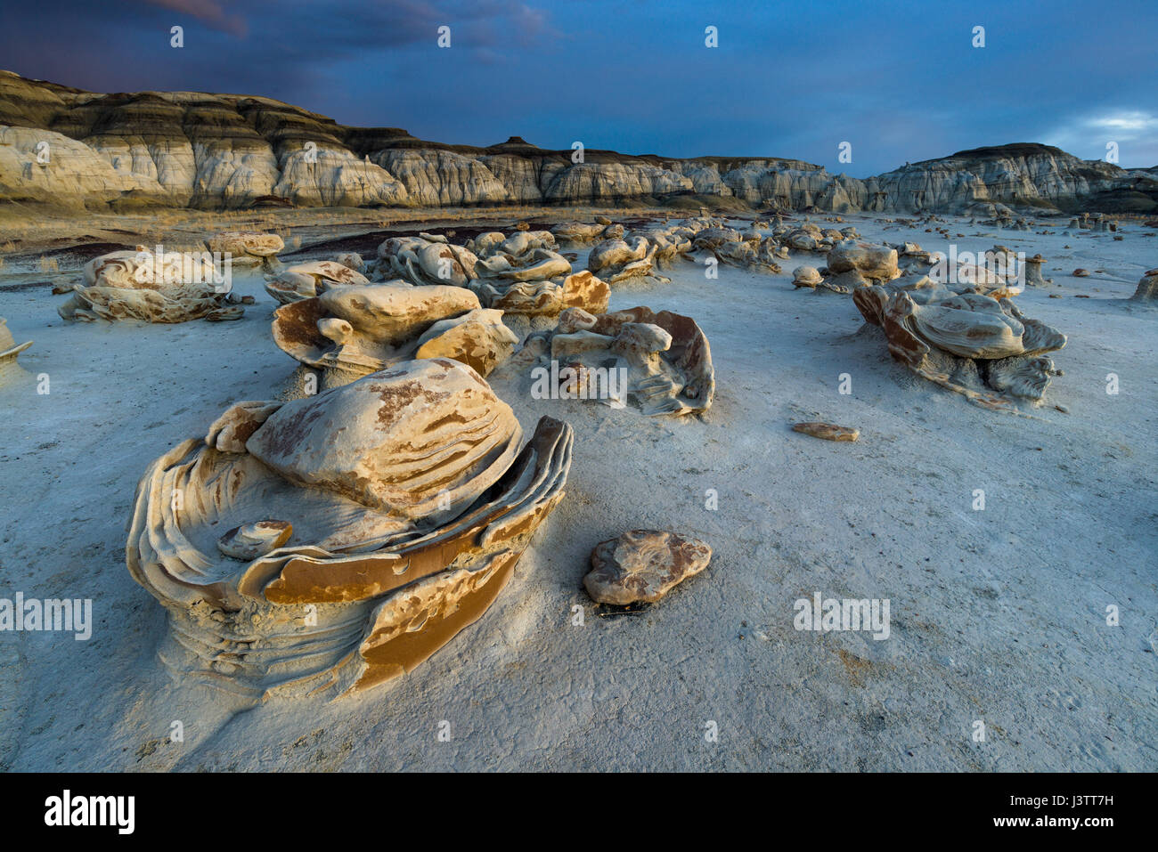 Bisti oder De-Na-Zin Wilderness Area oder Badlands mit einzigartigen Gesteinsformationen, die durch Erosion gebildet wurden, New Mexico, USA Stockfoto