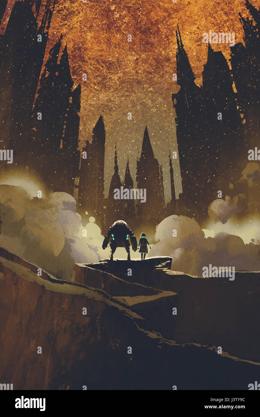 Das Mädchen und der Roboter stehen auf rock Pfad Blick auf dunklen Burgen und brennenden Himmel auf Hintergrund mit digitaler Kunststil, Illustration, Malerei Stockfoto