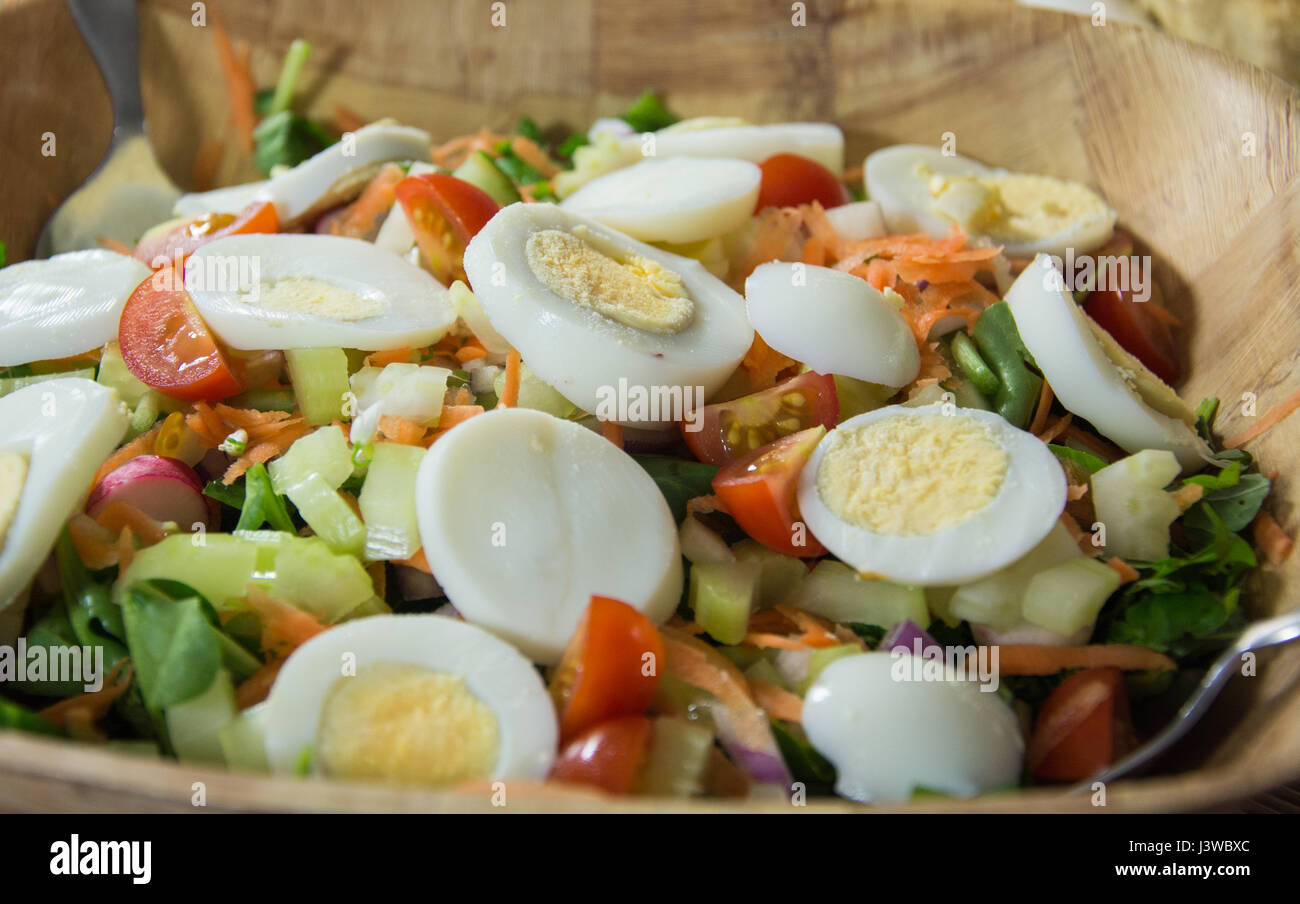 Eine Schüssel Eiersalat. Bestehend aus hart gekochtes Ei, Salat, Tomate, Karotte, Gurke und Karotte. Vegetarisches Essen. Stockfoto